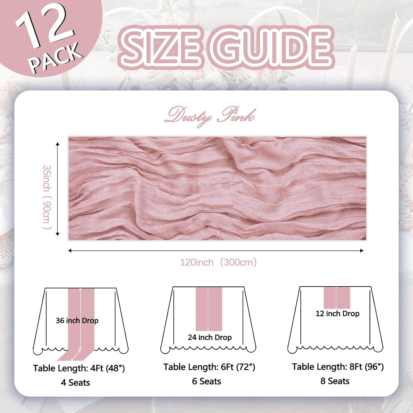 12 Pack Dusty Pink Cheesecloth Table Runner 10ft Boho Gauze Fabric Cheese Cloth Table Runner 35 x 120 Inch Rustic Sheer for Romantic Wedding Decor Baby Shower Party Table Centerpiece Decoration