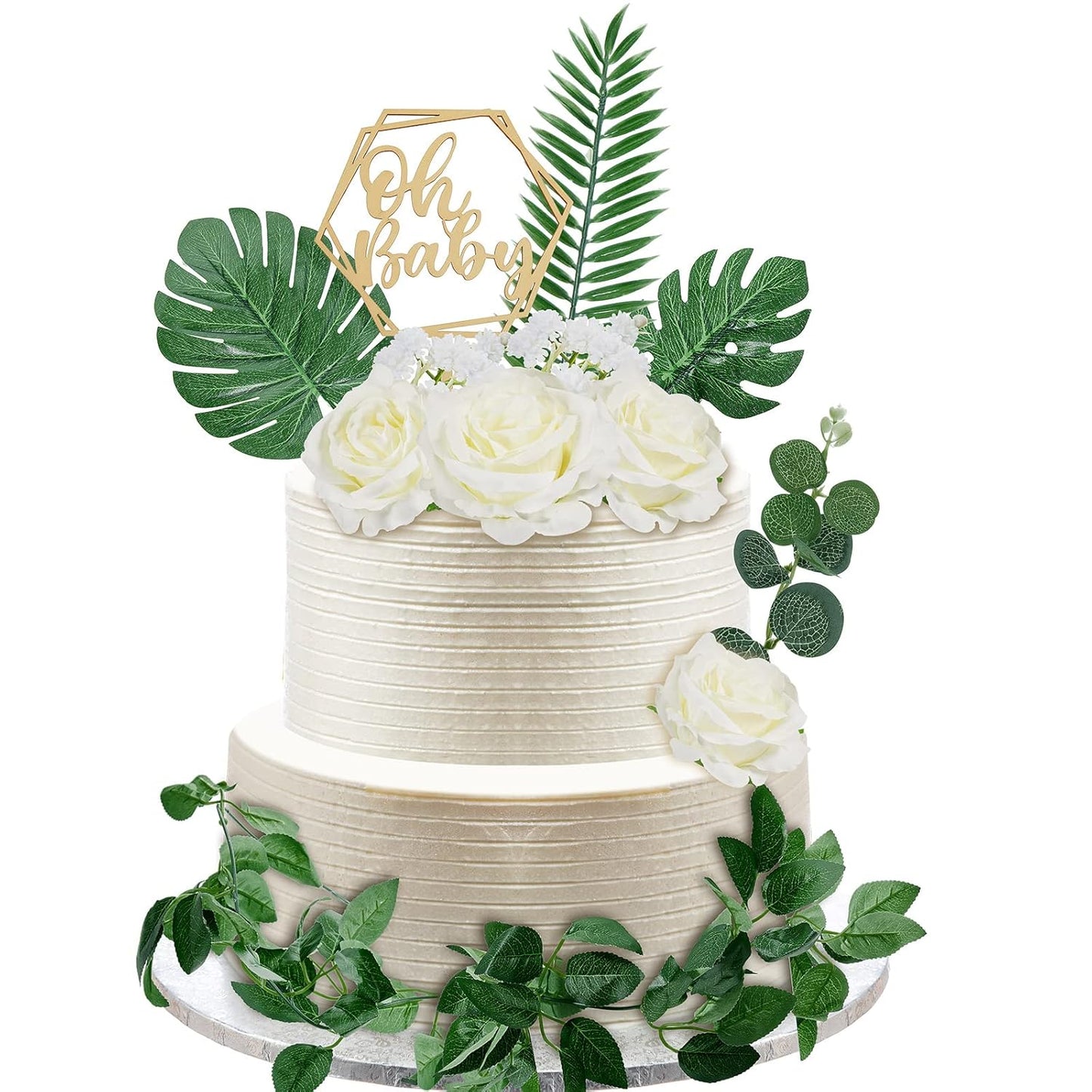 34-piece Wood Cake Topper Set - Boho Cake Decorations with Artificial Eucalyptus Leaves for Gender Reveal Parties, Birthdays, and Weddings