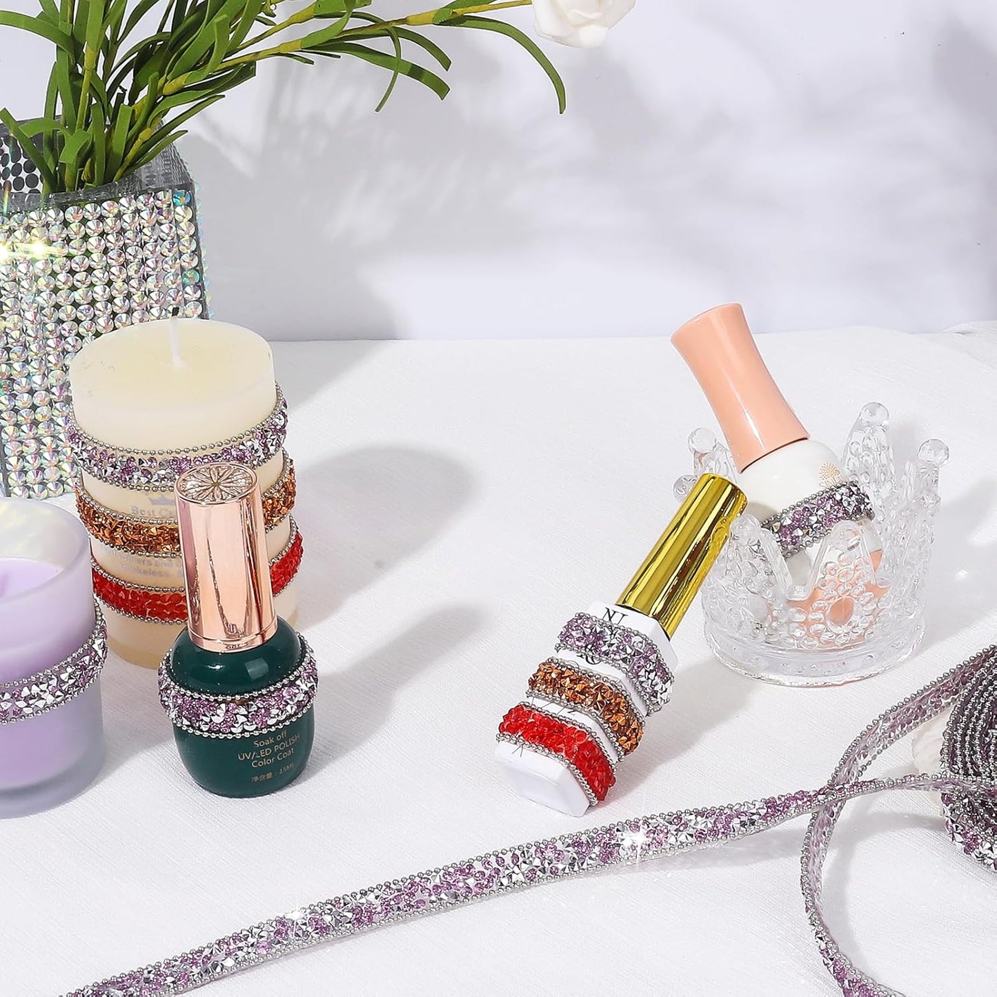 Rhinestone Ribbon 3 Yards Self Adhesive Rhinestone Strips Diamond Ribbon Sticker Crystal Roll Glitter Bling Rhinestones Tape for Crafting DIY Art Decoration (Purple,0.4 Inch)