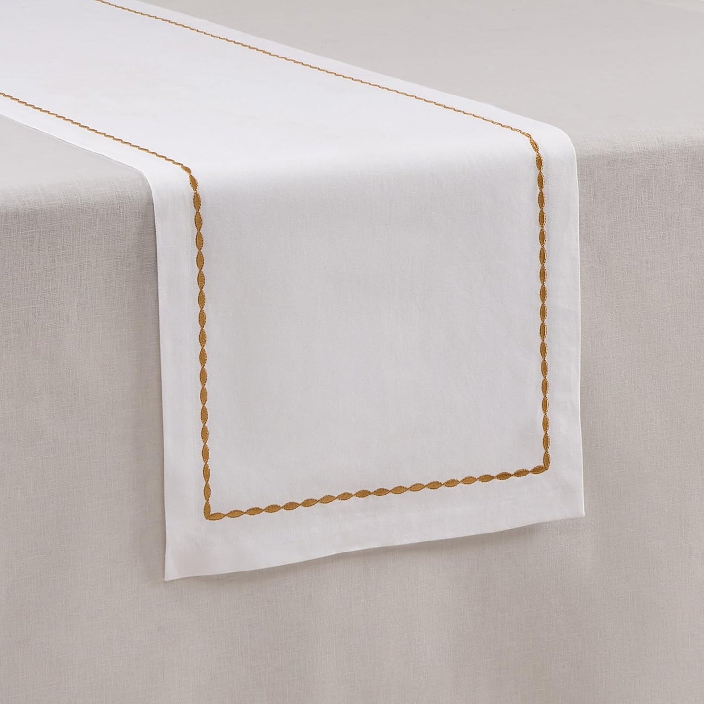 Cotton Linen Table Runner 90 Inches Long – Motif Embroidery White Dining Table Runner for Spring, Summer, Wedding Decoration, Gift – Machine Washable Fabric