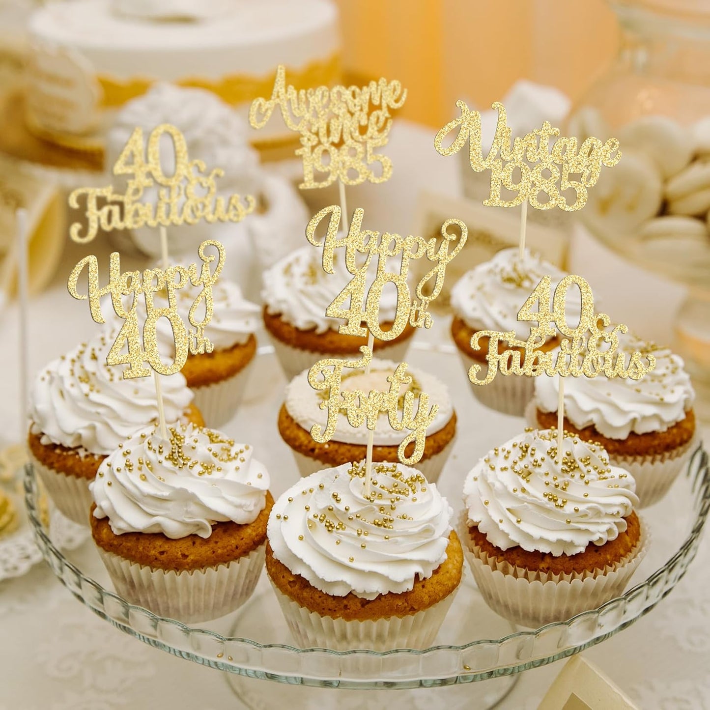 30Pcs Vintage 1985 Cupcake Toppers Glitter Forty Happy 40th Birthday 40 Fabulous Cupcake Picks Cheers to 40 Years for 40th Birthday Wedding Anniversary Party Cake Decorations Supplies Gold