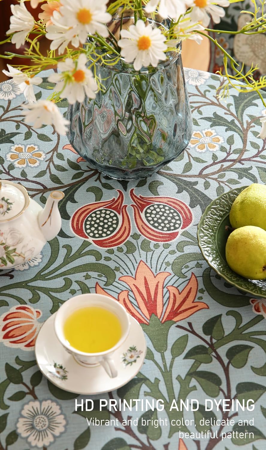 ISAENNE Designer Bohemian Linen Green Round Tablecloth,Floral Indoor Table Cloth,Stain Resistant Decor Tablecloths for Dining Thanksgiving Kitchen Party Christmas,Diameter 67"-Naples