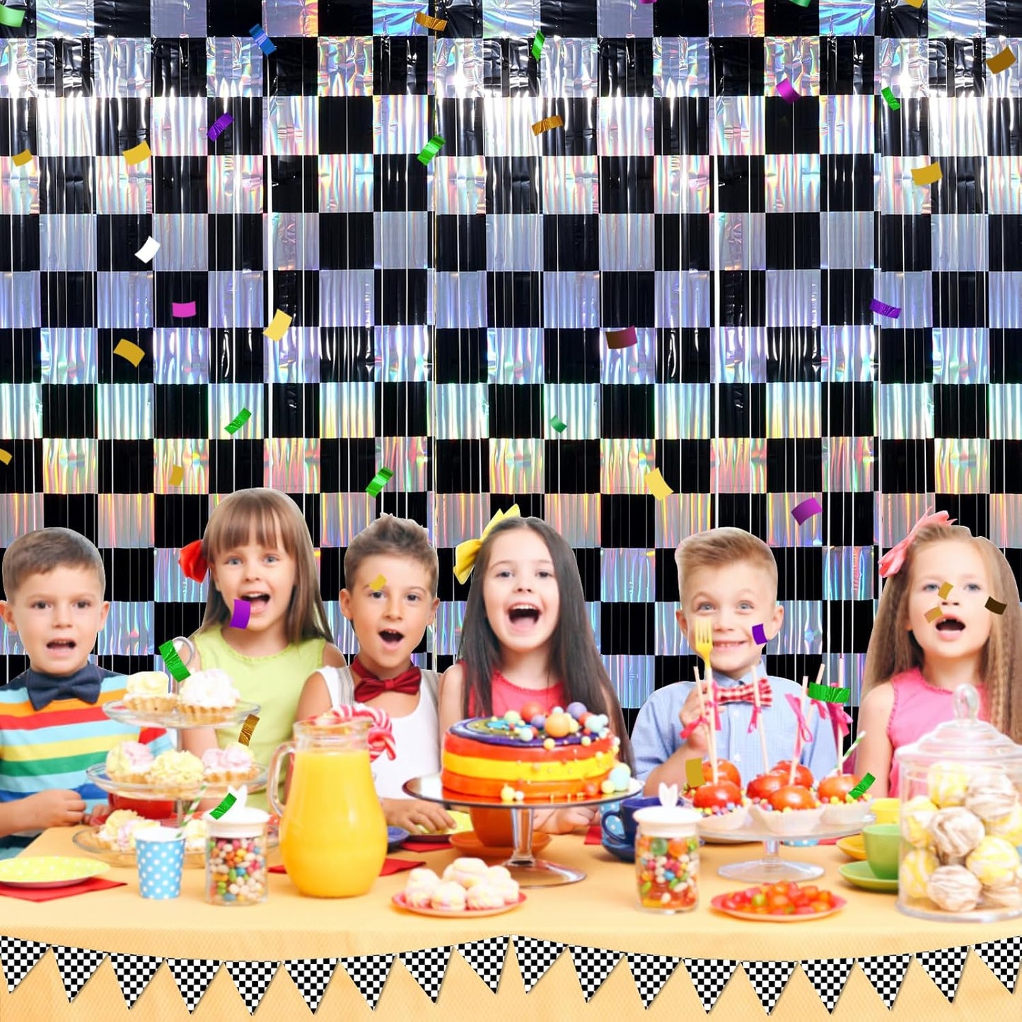 2 Pack 3.3Ft x 6.6Ft Race Car Checkered Foil Fringe Curtain Backdrop Decorations, Black Iridescent Metallic Tinsel Foil Streamers Curtain Photo Booth for Race Car One Happy Dude Birthday Party Decor