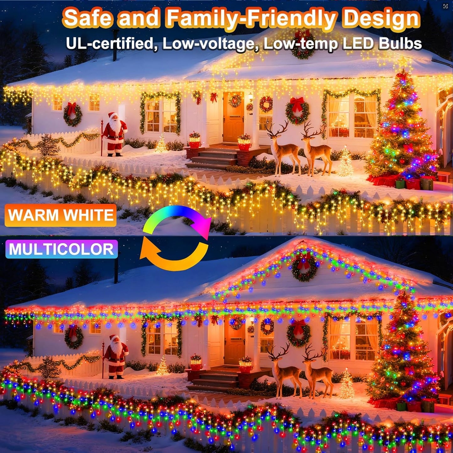 KNONEW Christmas Lights Outdoor Color Changing 400 LED 33ft 11 Modes Curtain Fairy String Light with 75 Drops, Clear Wire LED Lights for Wedding Party Holiday Christmas (Warm White to Multicolor)