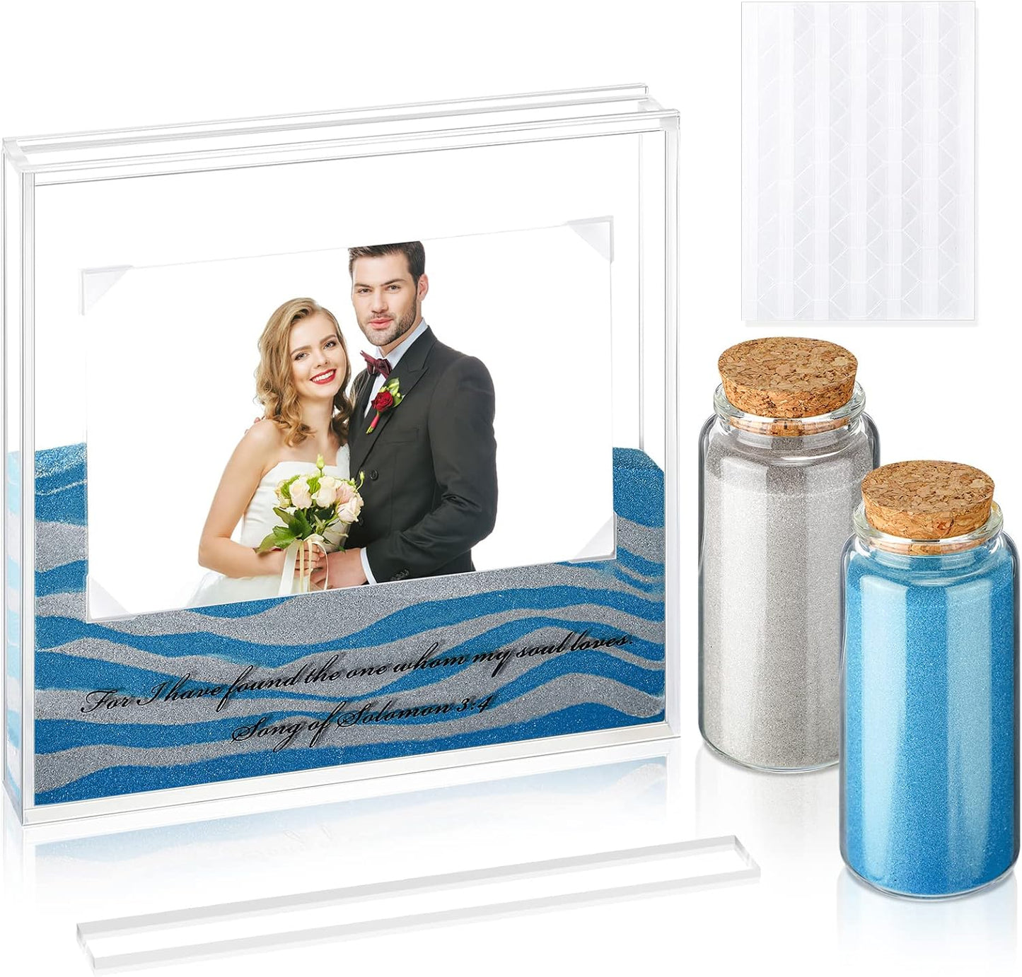 Sand Ceremony Kit for Wedding Includes Clear Acrylic Unity Sand Ceremony Photo Frame 2 Pack Photo Fixing Corner Stickers and 2 Glass Unity Holder for Wedding Home Decor(Blue, Gray)