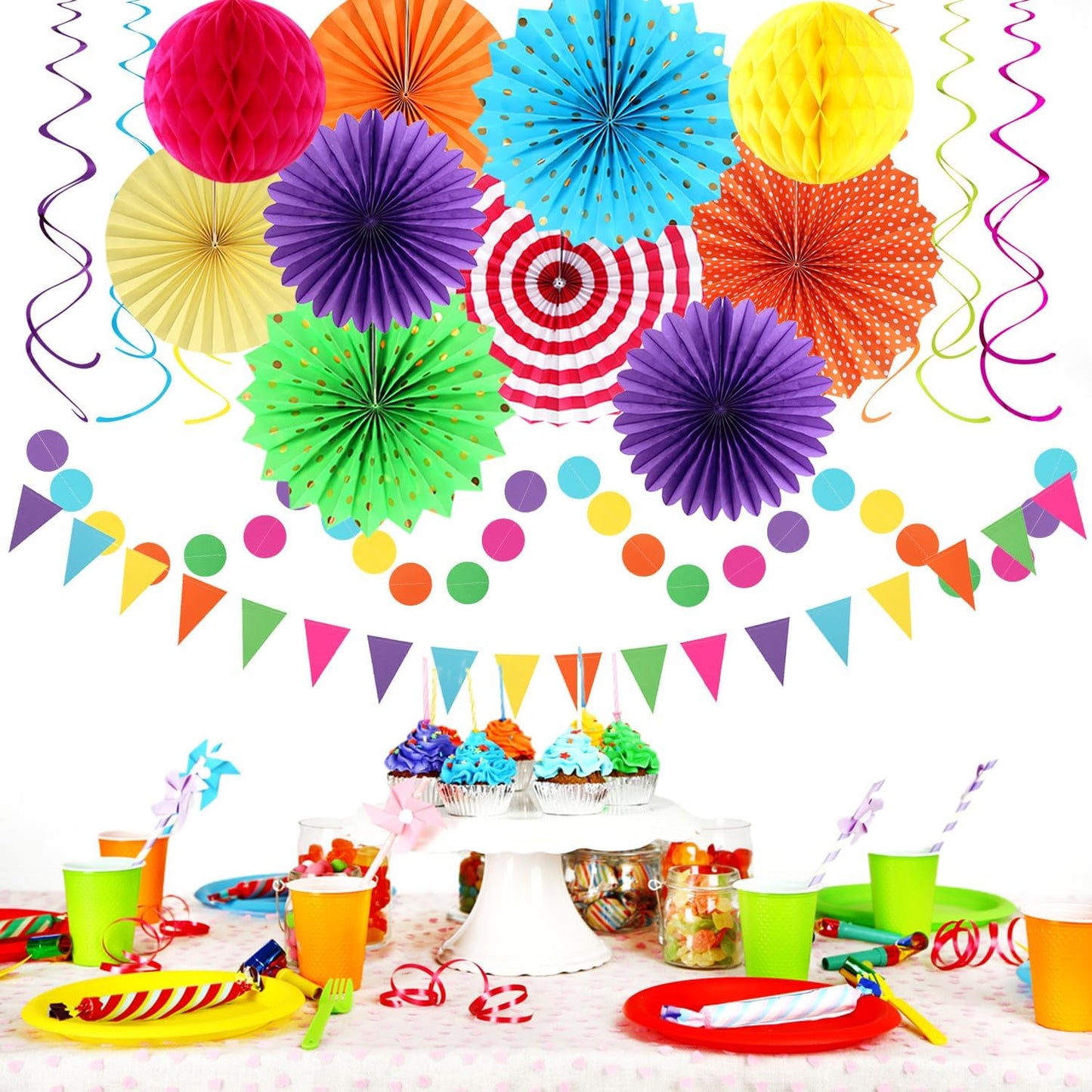 Rainbow Birthday Party-Decorations - 33pcs Colorful Banner,Mexican Theme Streamers Tassel Garland,Tissue Pom Poms Honeycomb,Paper Lantern Fans,Baby Shower Classroom Decor Supplies Hugtmr