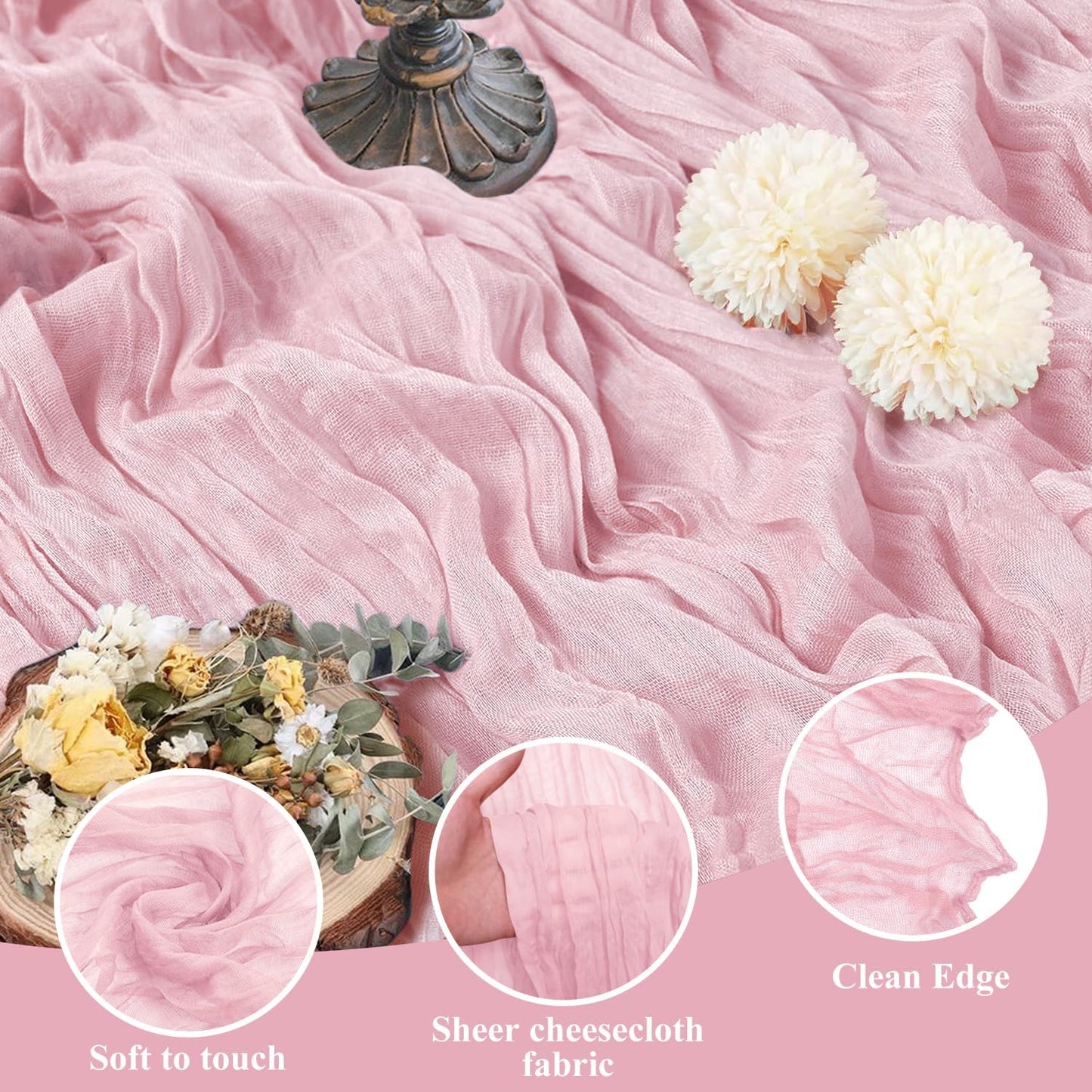 Asee'm 2pcs Cheesecloth Table Runner 120 Inches Blushing Pink Boho Gauze Cheese Cloth Runner 10FT Rustic Sheer Fall Table Runners for Thanksgiving Wedding Baby Shower Holiday Party Decoration