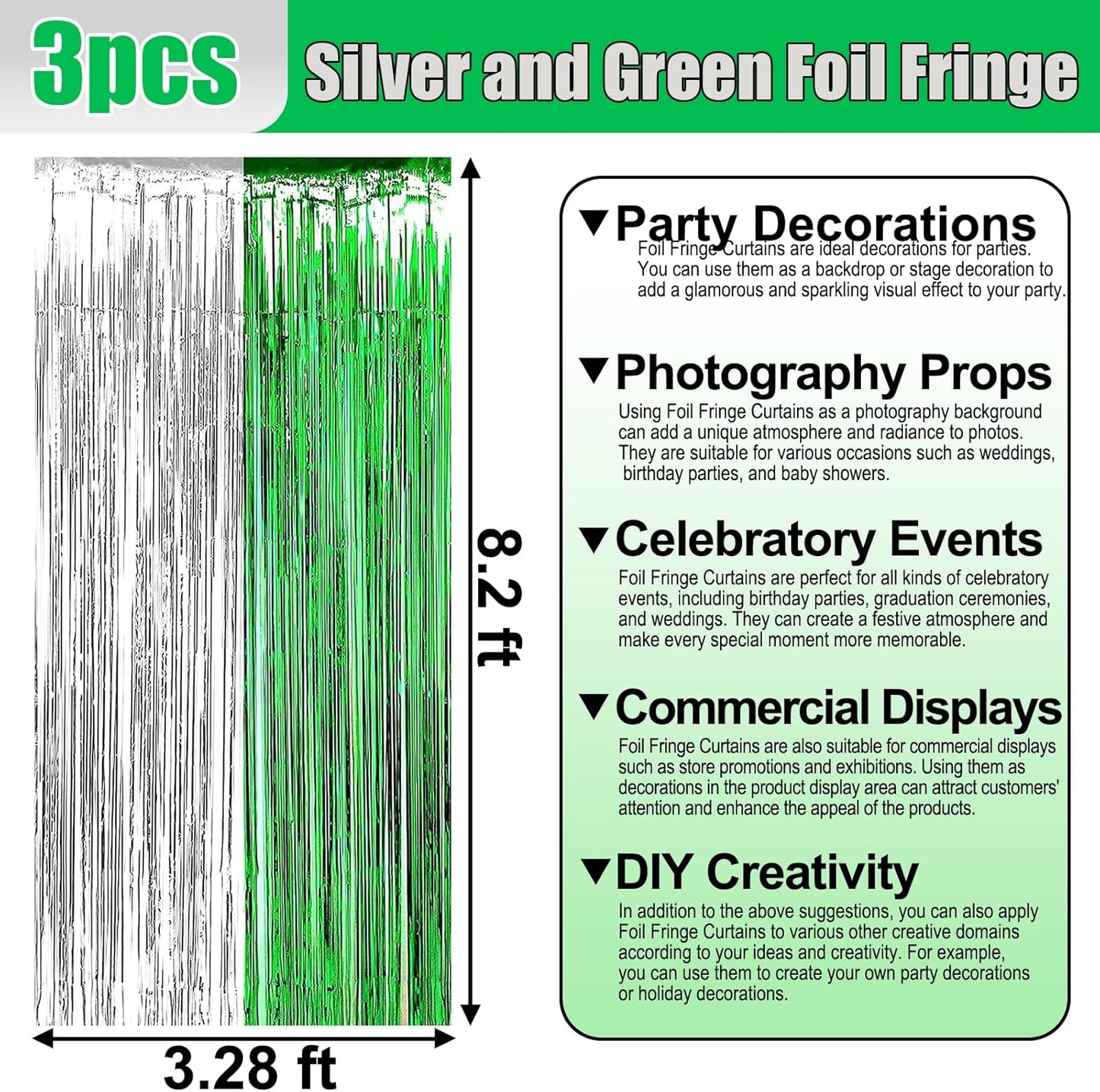3 Pack Silver Green Foil Fringe Curtain Backdrop, 3.28Ft x 8.2Ft Metallic Tinsel Foil Fringe Streamer Curtains for Photo Booth, Christmas Day, Thanksgiving, Wedding, New Year Party Decorations