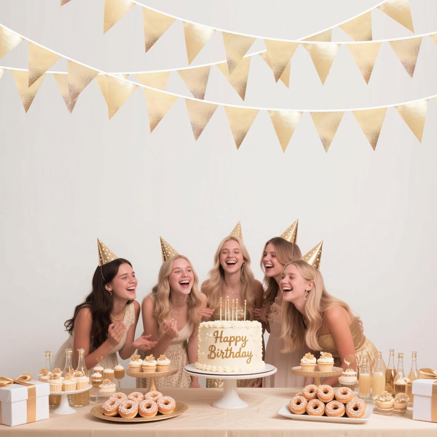 Champagne Gold Party Decoration Metallic Fabric Triangle Pennant Banner Flag Bunting Garland for Birthday Engagement Bridal Shower Wedding Anniversary Graduation Bachelorette Party Decoration Supplies