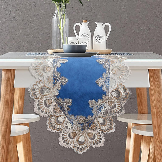 Vintage Lace Dining Table Runner, 72 Inches Macrame Coffee Table Runners for Kitchen Home Christmas Party Decorations (16x72 inch,Blue)