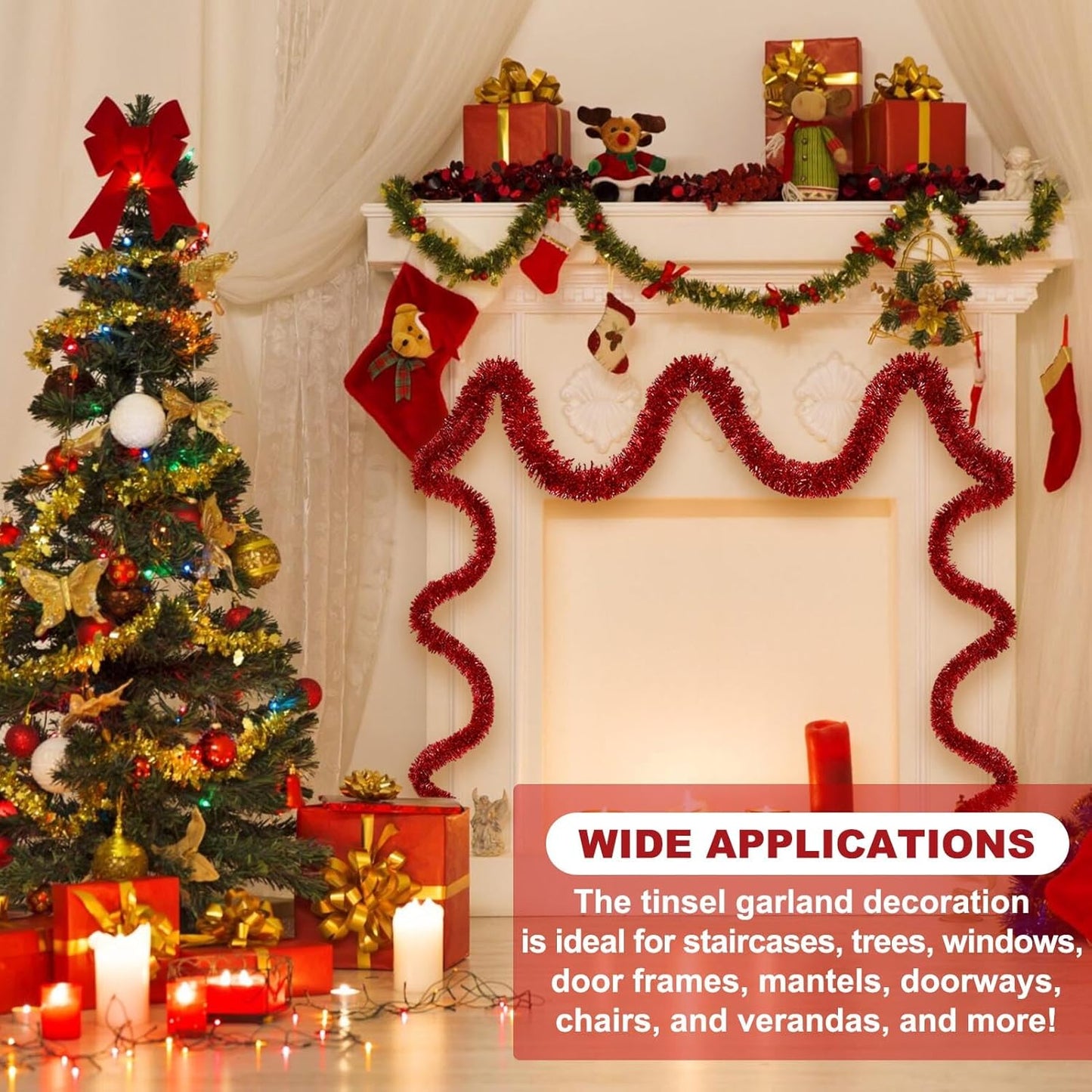 25 Feet Red Christmas Tinsel Garland, Metallic Foil Twist Banner Wall Hanging Tinsel Streamers Backdrop for Parade Floats, Christmas, Mother's Day, Birthday Party Decorations(4in x 25ft)