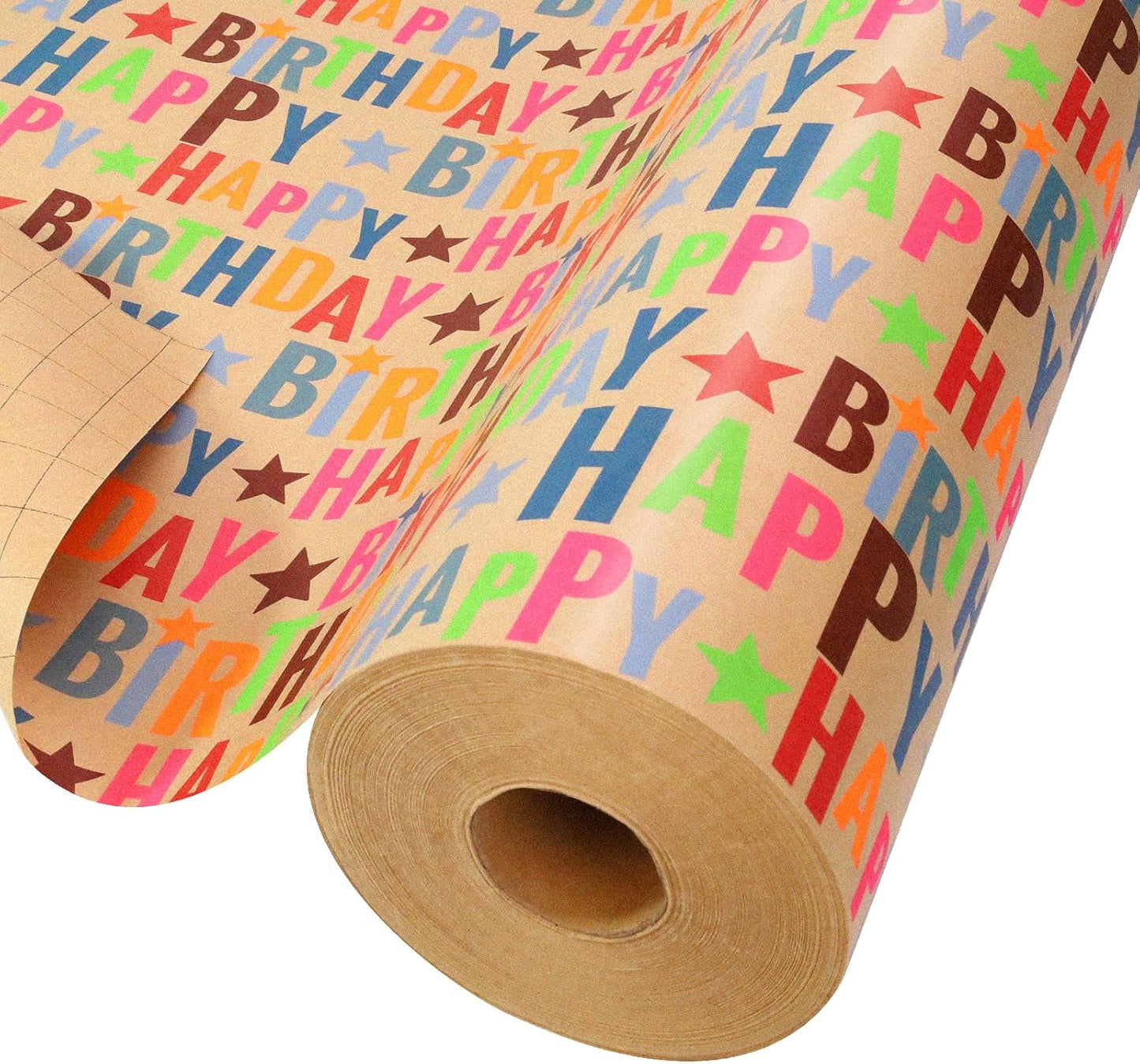 LaRibbons Birthday Wrapping Paper Jumbo 24 Inch x 417 Feet(834 sq. ft. ttl.) Half Ream Kraft Gift Wrap Paper with Colorful Text Happy Birthday Pattern for Baby Shower Holiday Party