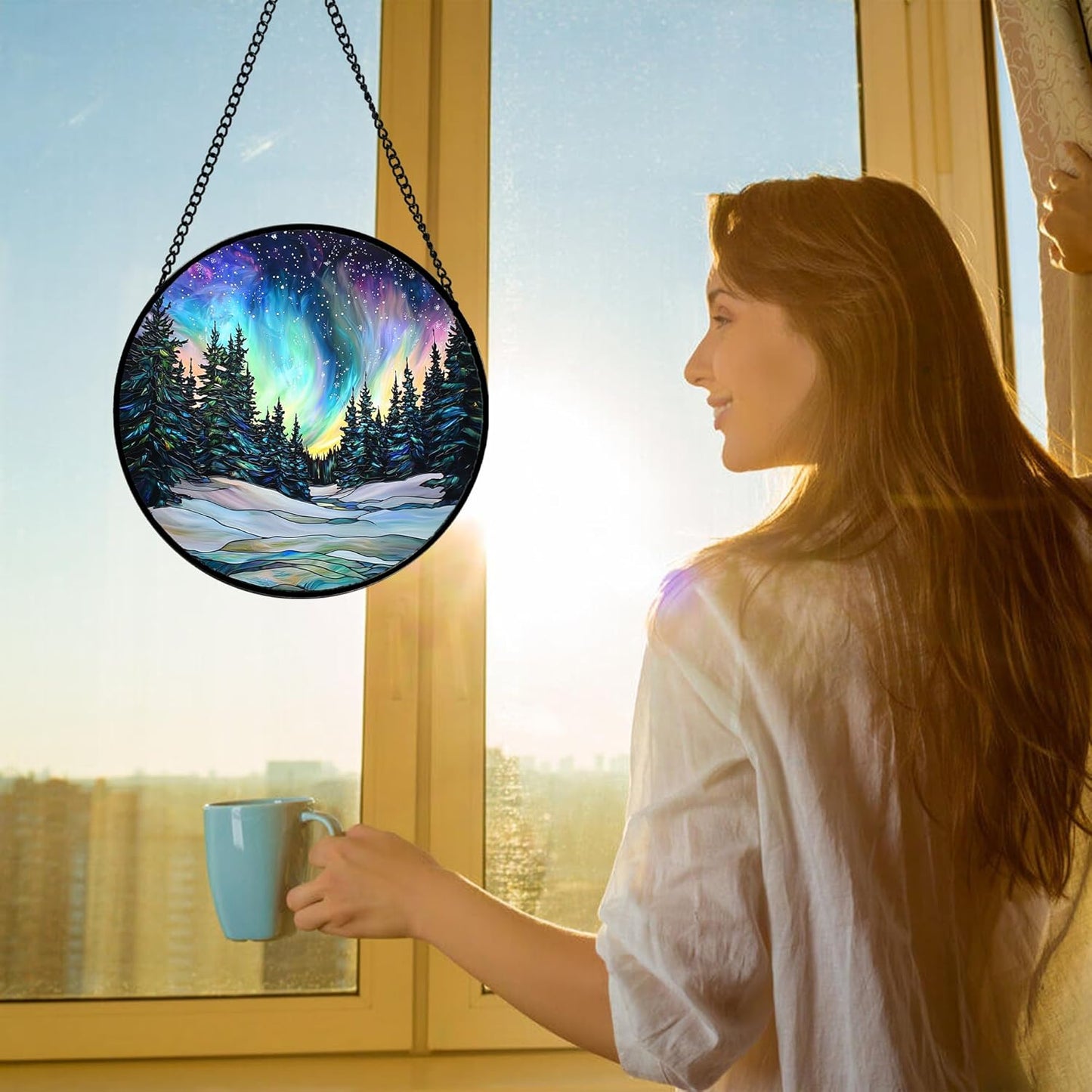 Stained Glass Window Hanging, Aurora Landscape Sun Catchers Glass Panel Green Trees Suncatcher Decor for Birthday for Women, Men, Wife, Aunt, and Mom 11.8x11.8 in