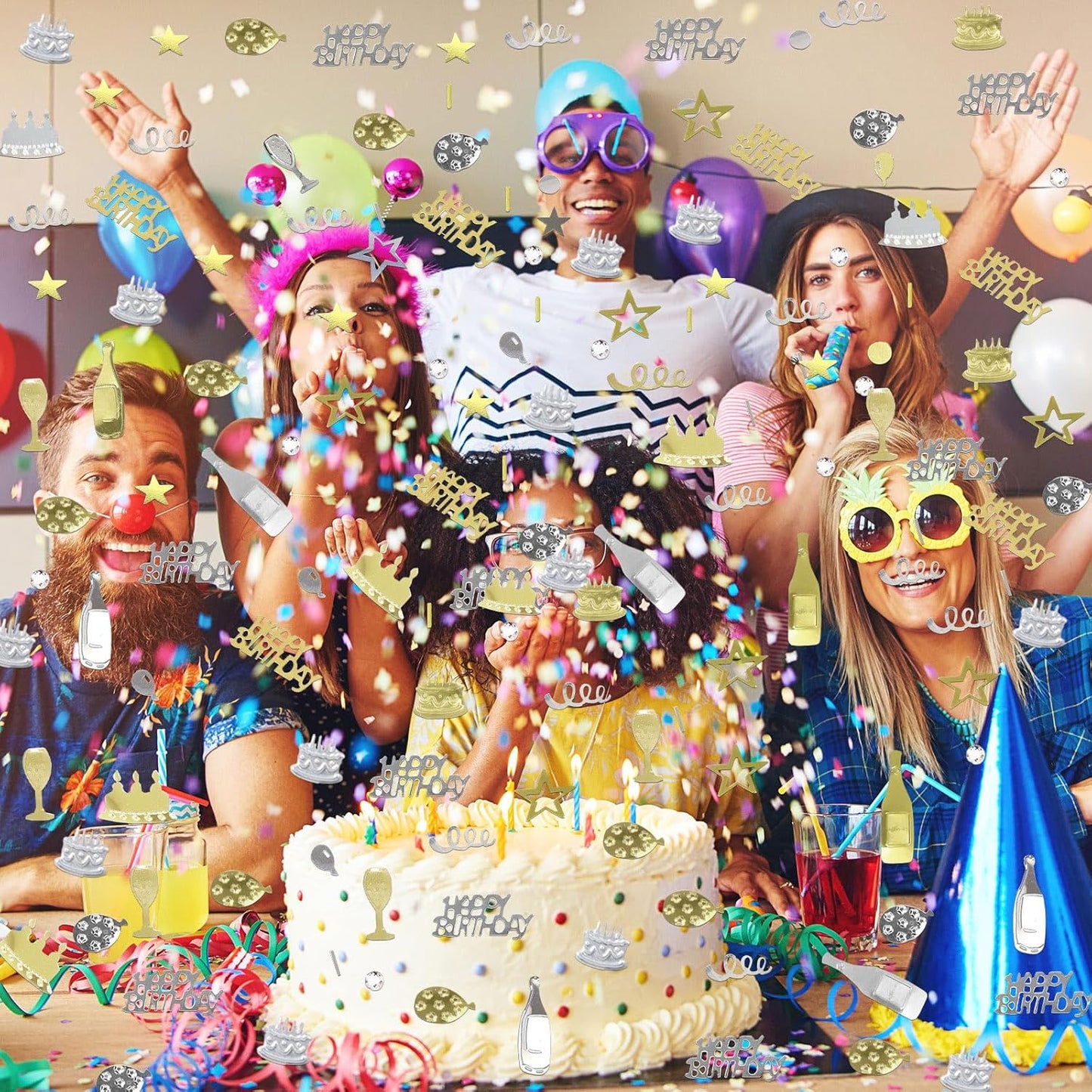 VHUWE Happy Birthday Confetti, 1.6 oz Champagne Gold Silver Cake Balloon Star Goblet Bottle Swirl Glitter Confetti for Boys Girls Kids Women Men Happy Birthday Party Table Decorations Supplies