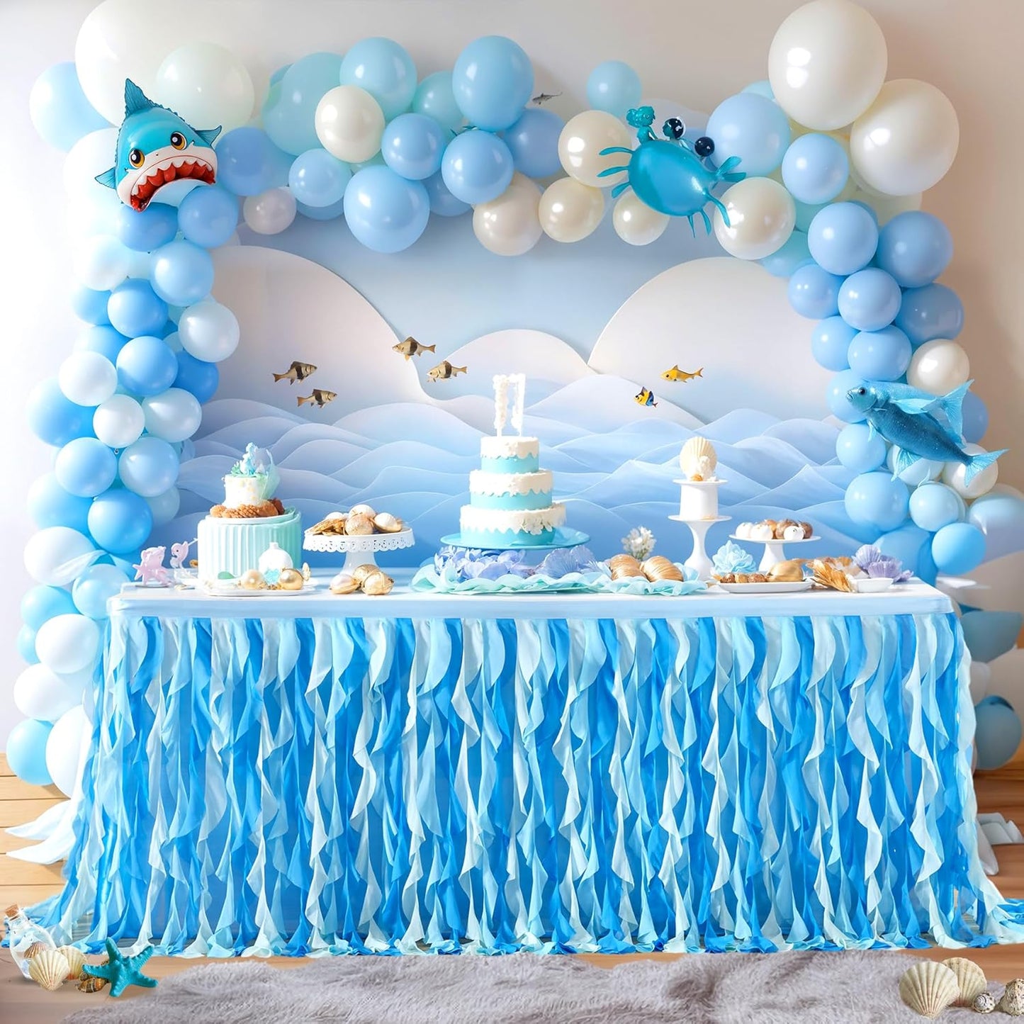 Partisky Ocean Blue Tulle Tutu Ruffle Curly Willow Table Skirt for Rectangle Table 17ft,Under The Sea Baby Shark Themed Table Cloth for Boys Girls Birthday Party or Baby Shower