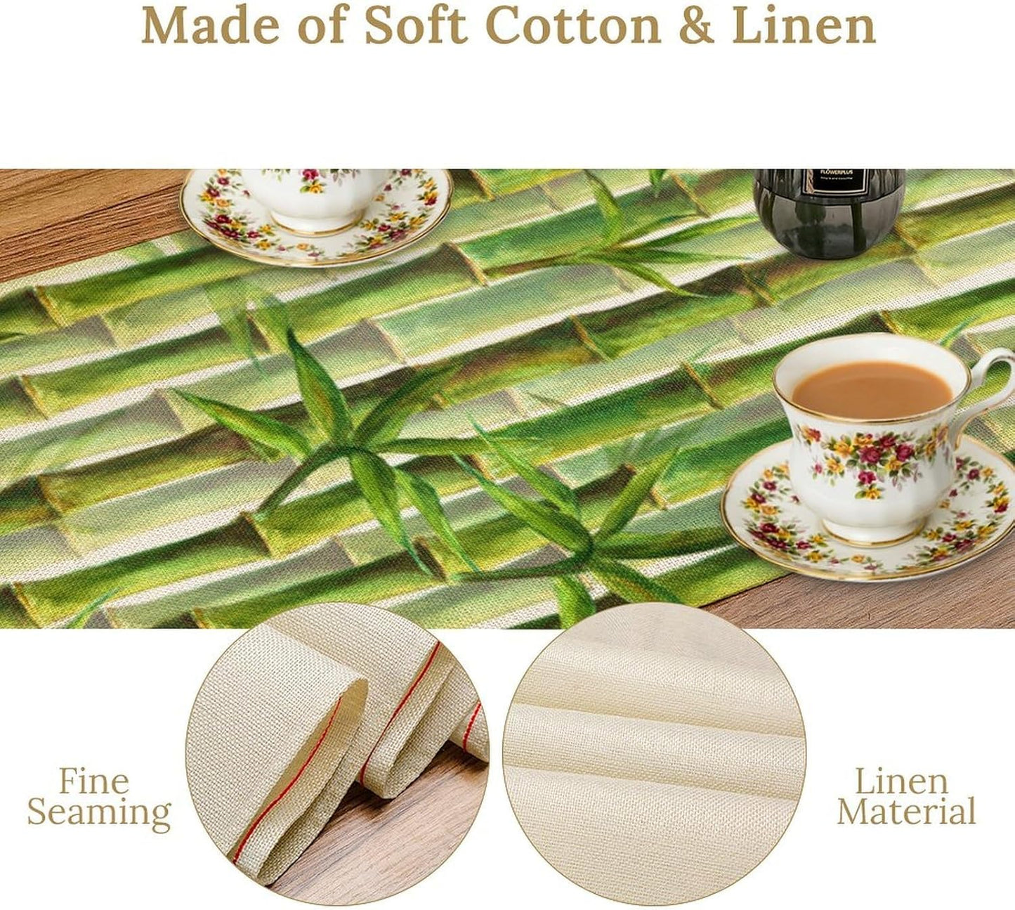 Bamboo Table Runner,Green Plant Print Table Runner for Kitchen Dining Table Home Party Decoration 13x72 Inch