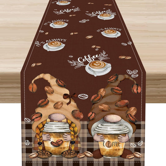 Coffee Time Table Runner, Farmhouse Retro Gnome Coffee Cup Tea Party Cafe Brwon Table Center Decor for Home Kitchen Dining Patio Holiday Party Indoor Outdoor Table Decorations,13"x72" Inch
