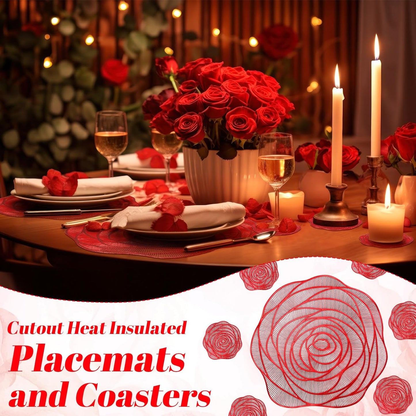 Sieral 12 Set 15 Inch Round Pressed Vinyl Placemats Hollow Out Rose Placemat Set Metallic Slip Resistant Place Mat Coaster Including Place Mats and Coasters for Wedding Dining Kitchen (Red)