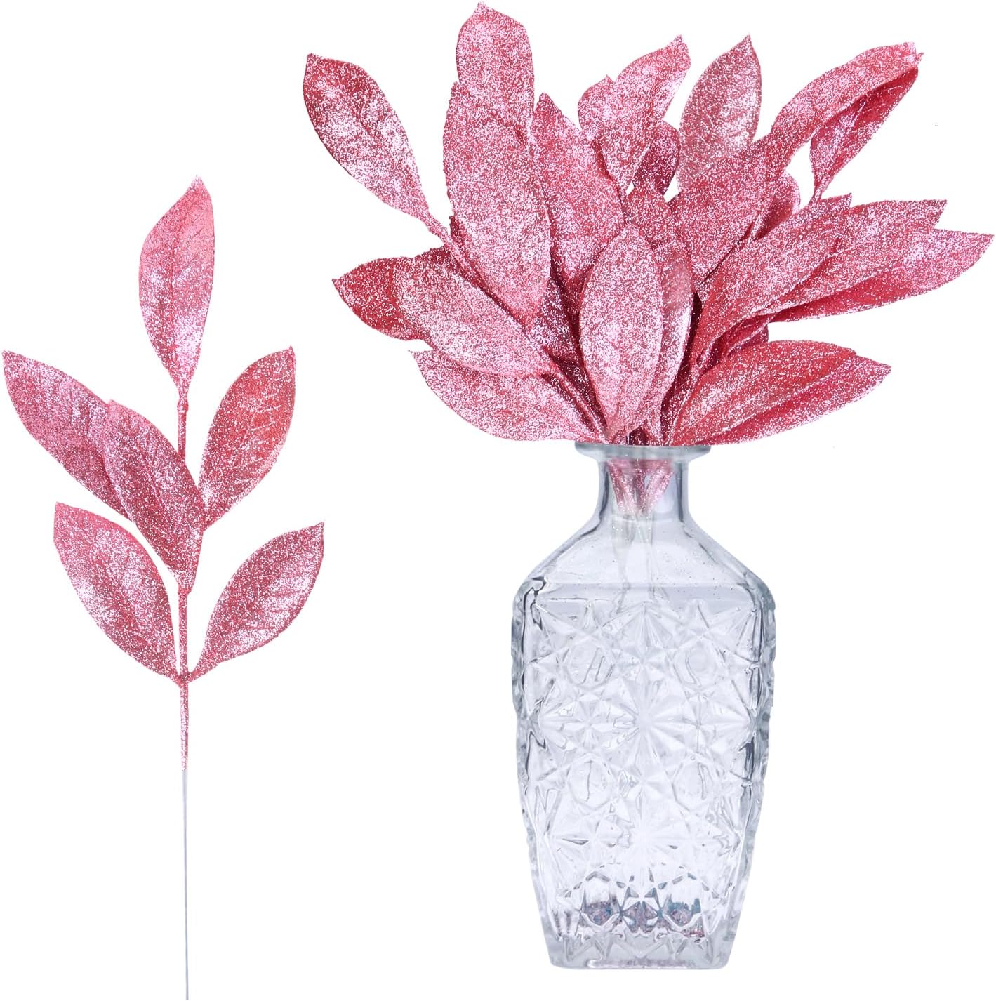 GREENTIME 12 Pack Artificial Pink Glitter Leaves 13" Fake Christmas Picks Decorative Glitter Sticks for Vase Christmas Tree DIY Wreath Crafts Fireplace Decor