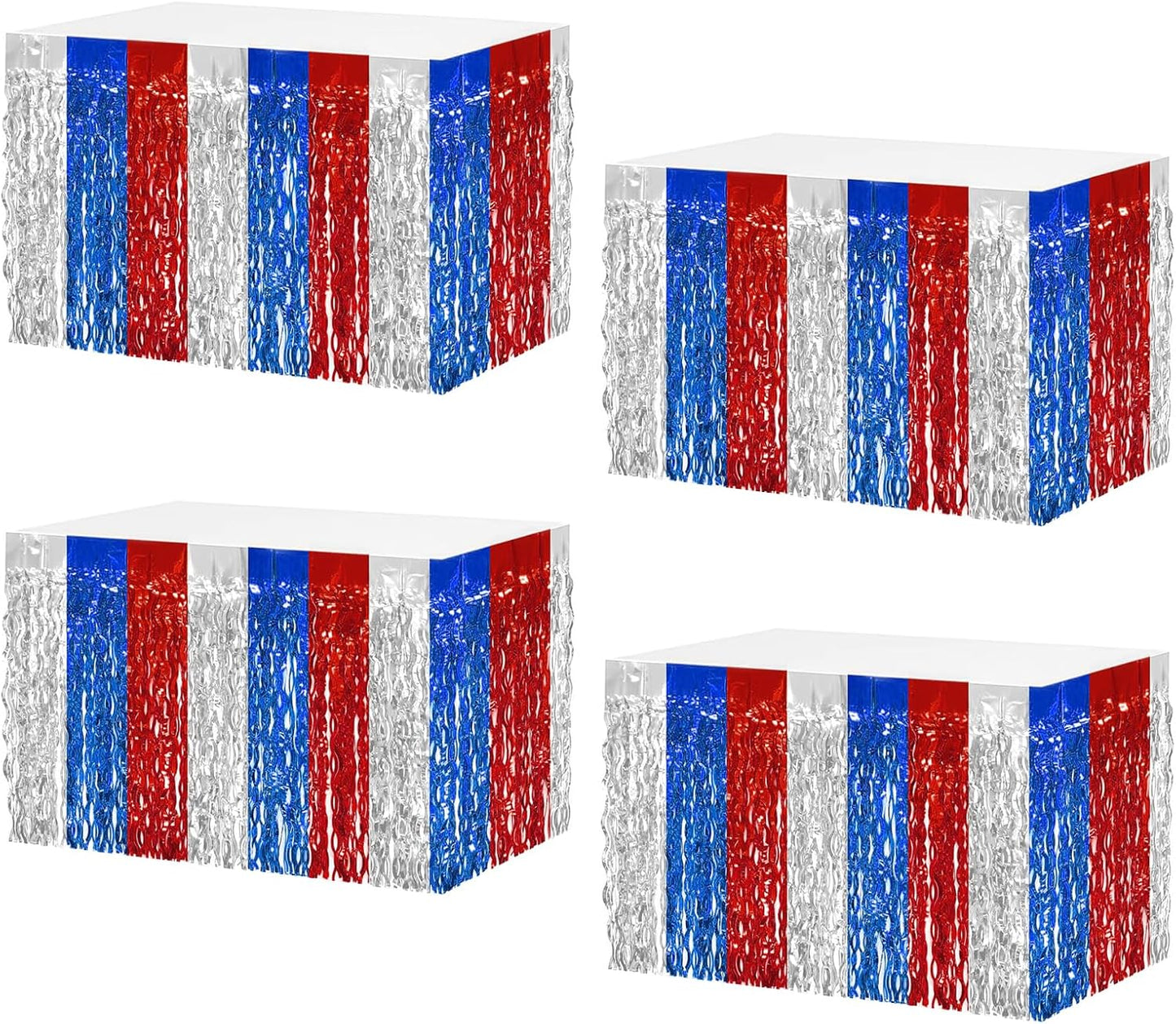 4P Wavy Metallic Tinsel Foil Fringe Table Skirts for Rectangle Tables Backdrop Garland Curtains for Parade Floats Wedding Birthday Parties Decoration Graduation 2025 Christmas (Red Blue White)