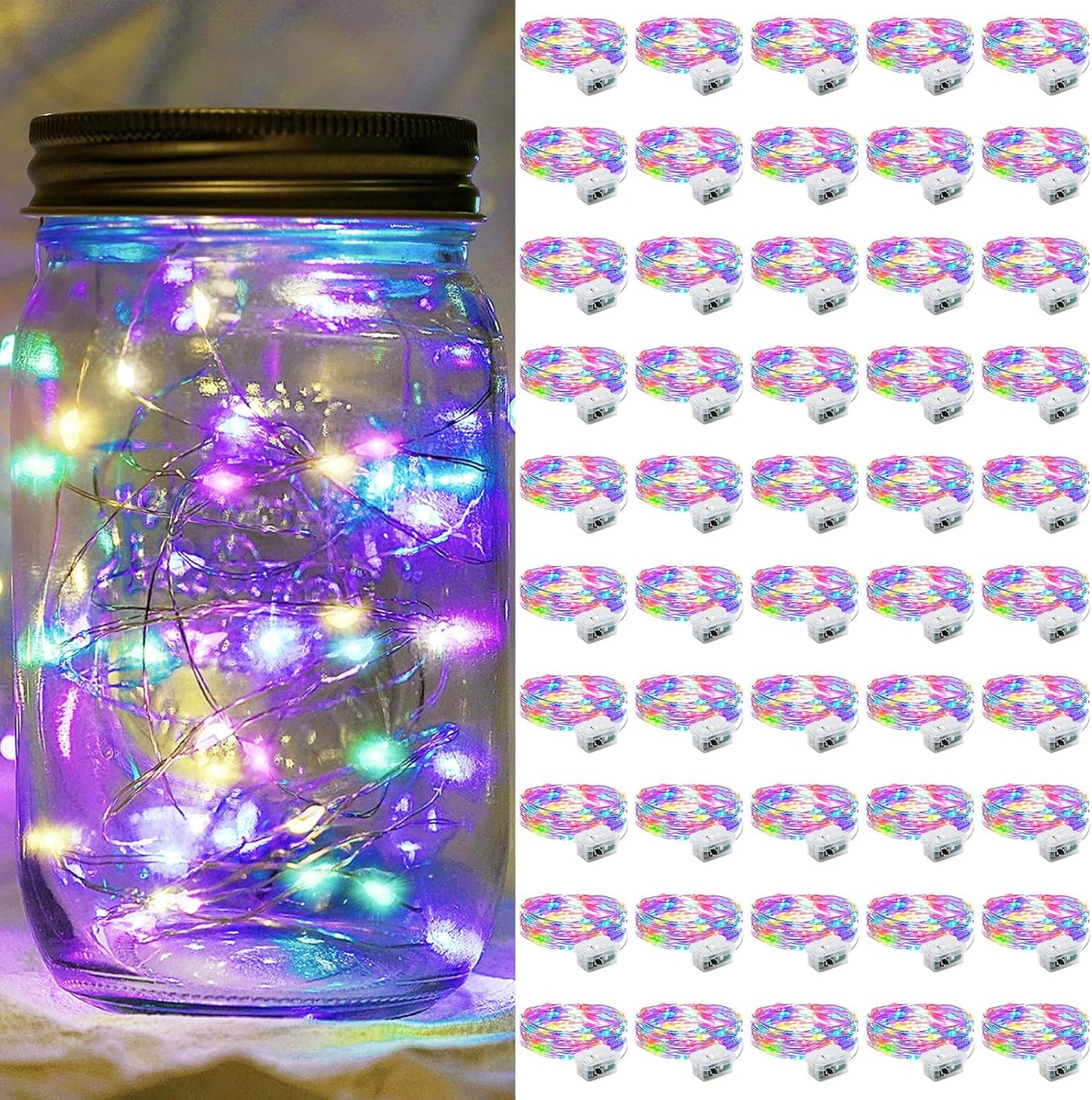 50 Pack Fairy Lights 7Ft 20 LED Twinkle String Lights 3 Modes Battery Operated Waterproof Firefly Starry for Mason Jar Party Wedding Christmas Valentines Day Table Centerpieces,Rainbow