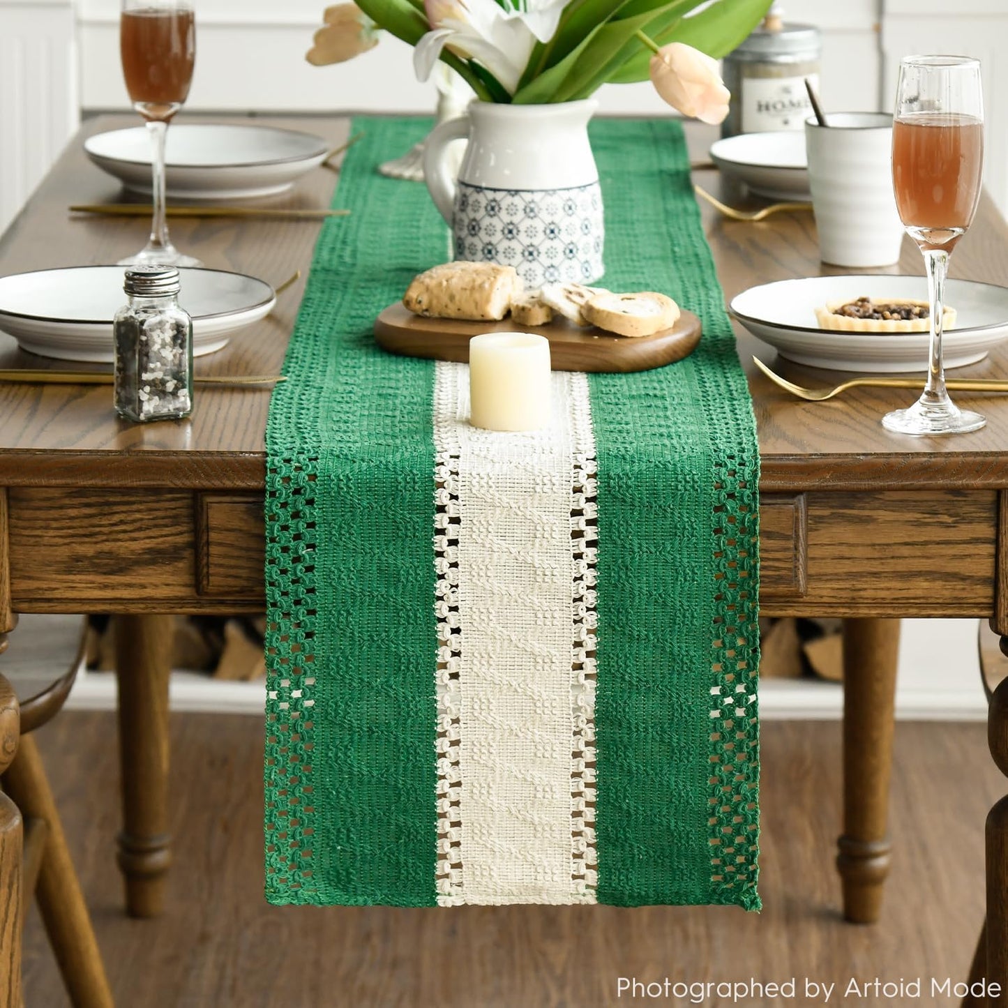 Artoid Mode Dark Green Farmhouse Rustic Table Runner, Seasonal Hollow Kitchen Dining Table Decoration for Home Party Decor 12x108 Inch
