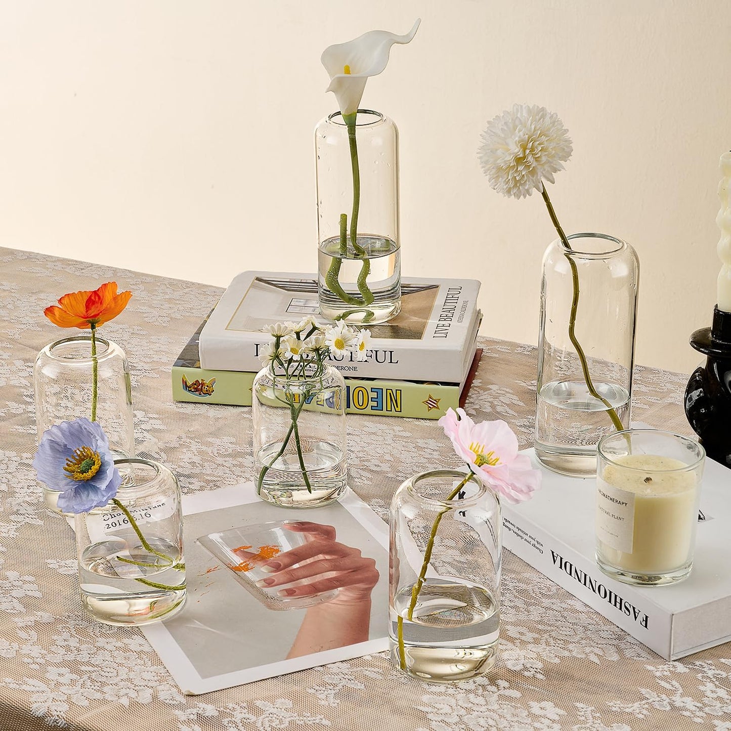 Glass Bud Vases Set of 12 Clear Flower Vase for Centerpieces Shelf, 3.9'' 4.9'' 6.7'' Modern Small Vases for Living Room Bedroom Office Home, Decor for Wedding House Warming Party