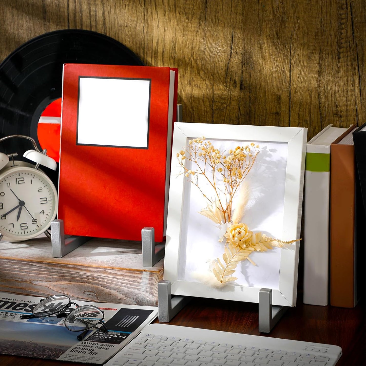 Sweetude 2 Pcs Large Plate Stands for Display Metal Frame Plate Holder Display Stand Decorative Table Top Easels for Picture, Book, Platter, Photo Easel(Silver,8 Inch)