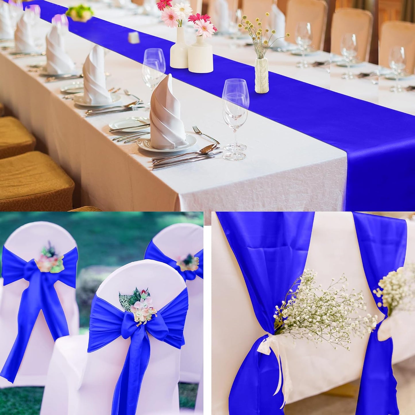 Aneco 16 Pack Satin Table Runner 12 x 108 Inch Dark Blue Long Wedding Satin Silk Table Runner for Wedding Banquet Graduations Birthday Party Decoration