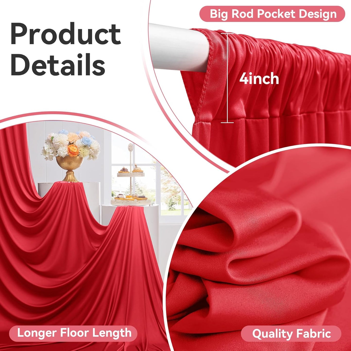 10ftx12ft Wrinkle Free Red Backdrop Curtain, 2 Panels 12FT Height Red Wedding Backdrop Drapes, Silky Polyester Back Drop Cloth for Birthday Photography Background Party Backdrop Draping