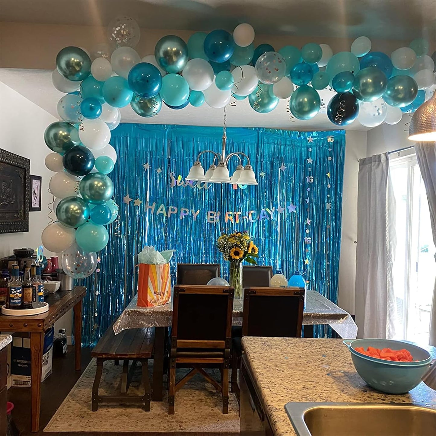 Foil Fringe Curtains Party Decorations - Melsan 3 Pack 3.2 x 8.2 ft Tinsel Curtain Party Photo Backdrop for Birthday Party Baby Shower or Graduation Decorations April fool's Day Decorations Teal