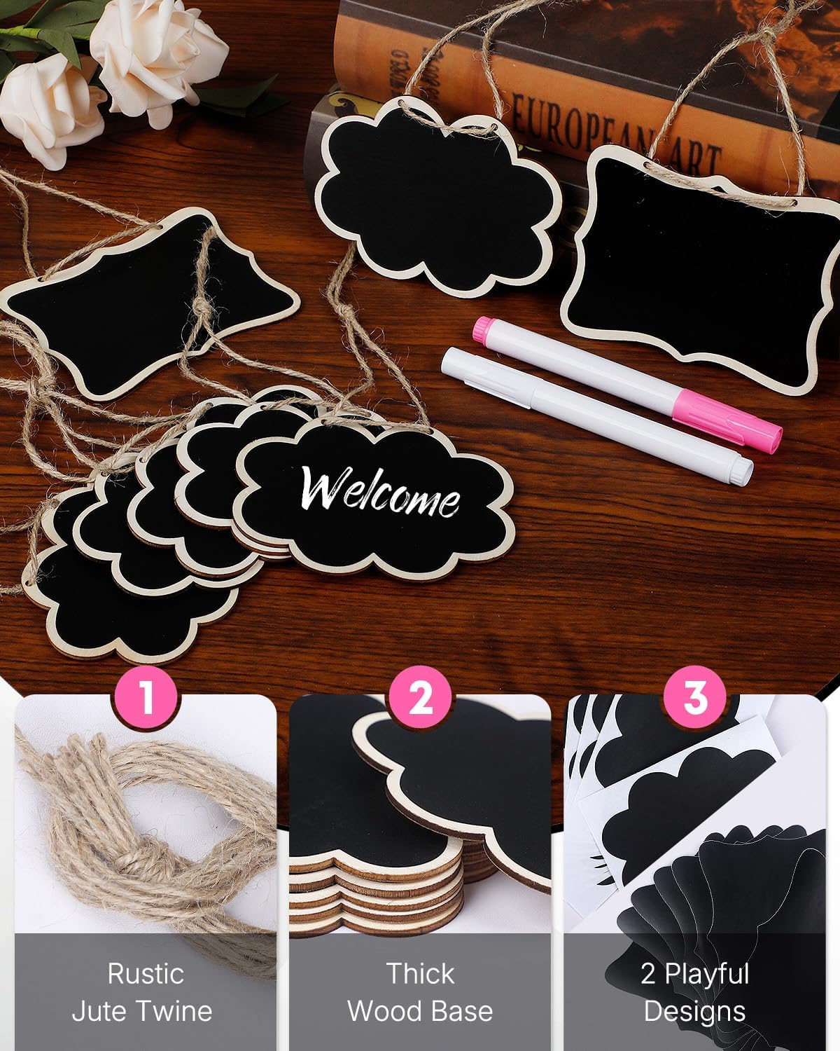 Uniclife 24 Pack Mini Chalkboard Signs for Food, Small Chalkboard Signs with Strings Chalk Markers & Replacement Stickers, Hanging Chalkboards Sign Reusable Wooden Food Labels for Party Buffet Wedding