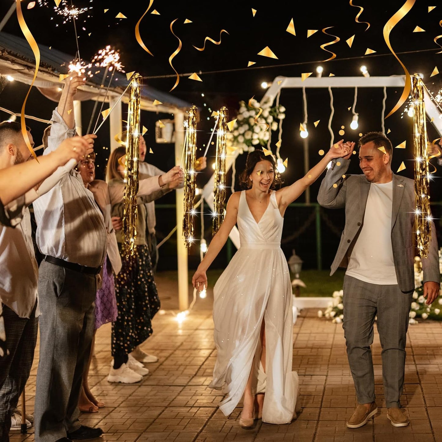 50 Pcs Wedding Fairy Wands with Bells Foil Tinsel Ribbon Stick Wands Tinsel Party Streamers with Bell Glittery Bridal Wedding Send Off Ideas Holiday Celebration (Champagne Gold)