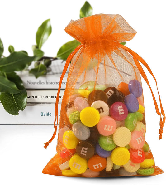 ANZNKU 50 Pack Organza Bags 4 x 6 inch Premium Sheer Drawstring Small Gift Bags for Halloween Candy Jewelry Party Wedding Halloween Christmas Favor (Orange)