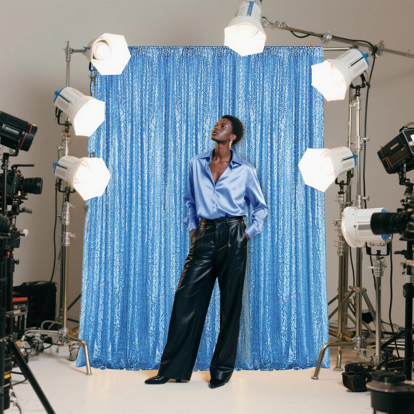 Blue Sequin Backdrop Curtain 2 Pieces 2FTx8FT Glitter Photography Backdrop for Party Wedding Birthday Christmas Decorations