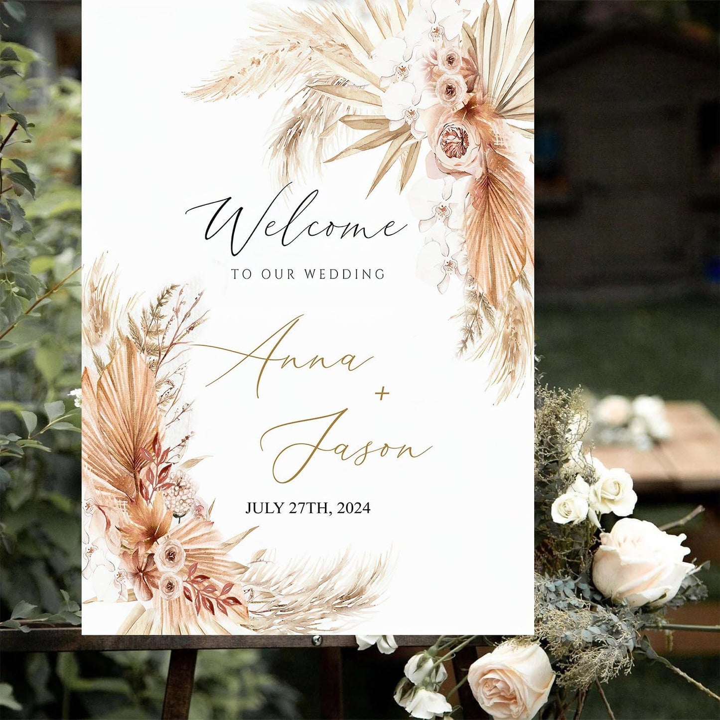 Personalized Pampas Grass Boho Wedding Welcome Sign, Custom Wedding Welcome Sign
