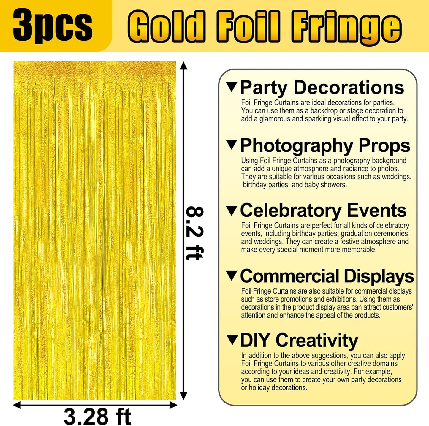 3 Pack Gold Foil Fringe Curtain Backdrop, 3.28Ft x 8.2Ft Metallic Tinsel Foil Fringe Streamer Curtains for Photo Booth, Mother's Day, Easter, Birthday, Wedding Party Decorations