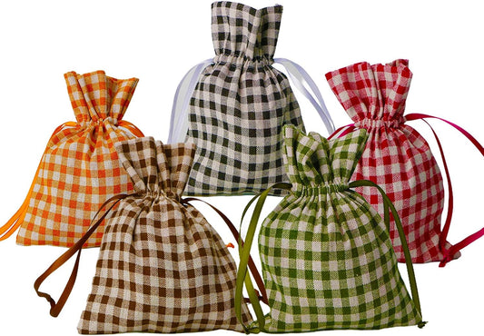 Meseey 5 Pcs Large Fall Burlap Bags with Drawstrings Buffalo Plaid Gift Bags Gingham Sacks Bags Reusable Pouch Bag for Thankgiving Birthday Party (fall plaid set 8Inch)
