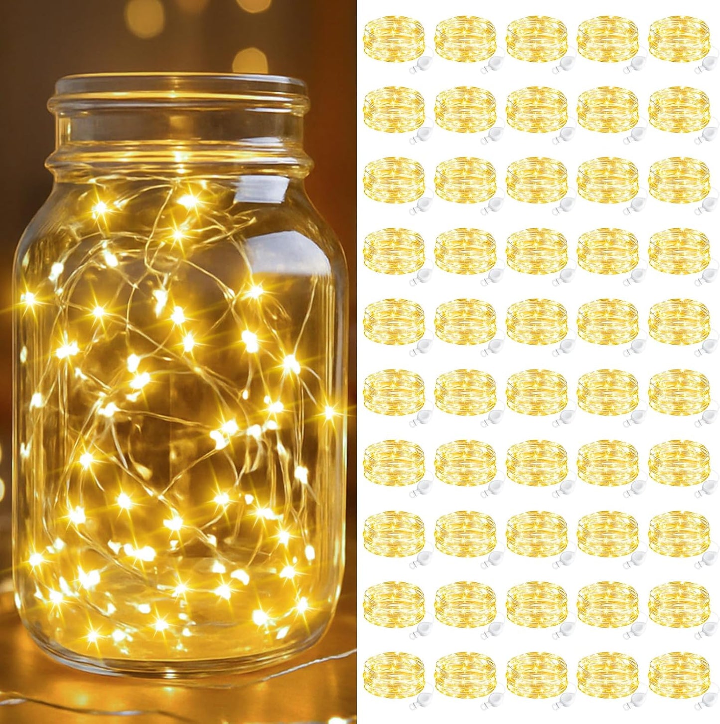 btfarm 50 Pack Fairy Lights Battery Operated, 7FT 20 LED Mini String Lights Waterproof Silver Wire for Mason Jars Centerpiece Table Crafts Bedroom Christmas Decoration, Warm White