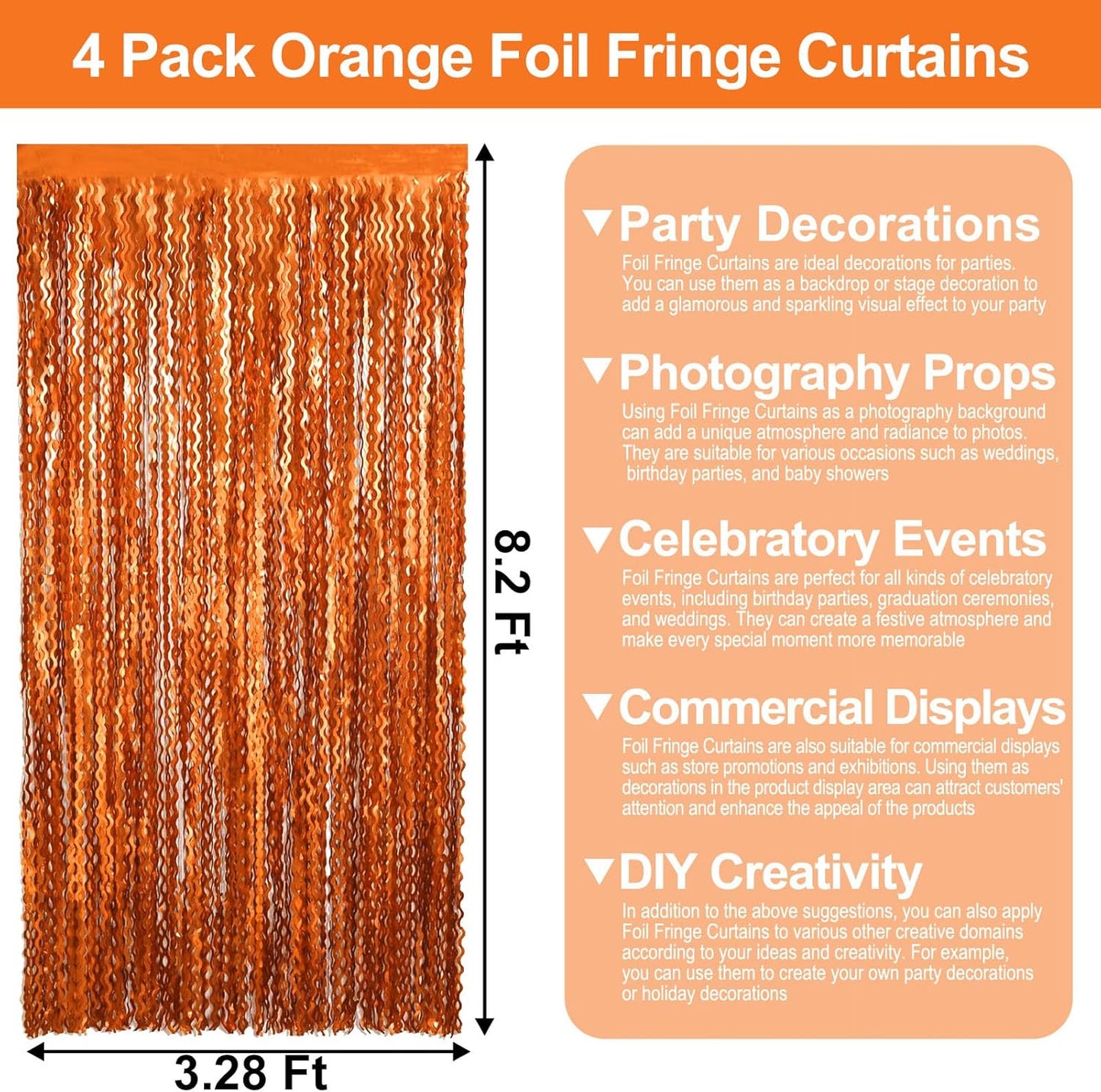 4 Pack Orange Wave Foil Fringe Curtain Backdrop, 3.28Ft x 8.2Ft Metallic Tinsel Foil Fringe Streamer Curtains for Photo Booth, Mother's Day, Easter, Birthday, Wedding Party Decoration