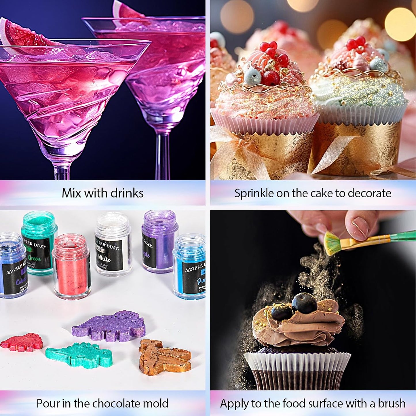 Aheroi Edible Glitter, 24 Colors Luster Dust Edible, Cocktail Glitter Luster Dust Sprinkles Drink Glitter Set, Shimmering Glitter Powder Glitter for Fondant Cake Chocolate Cocktail Candy（4g/0.14oz）