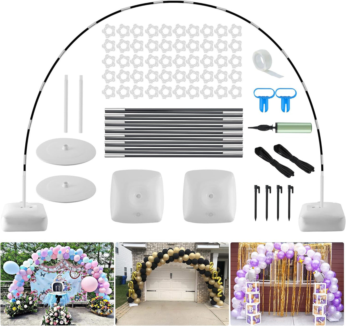 Improved Balloon Arch Kit, 10ft Wide & 9ft Tall Adjustable Balloon Arch Stand with Thicken Water Fillable Base, 50pcs Balloon Clip, Balloon Pump, Ground Nails for Wedding, Graduation, Birthday Party