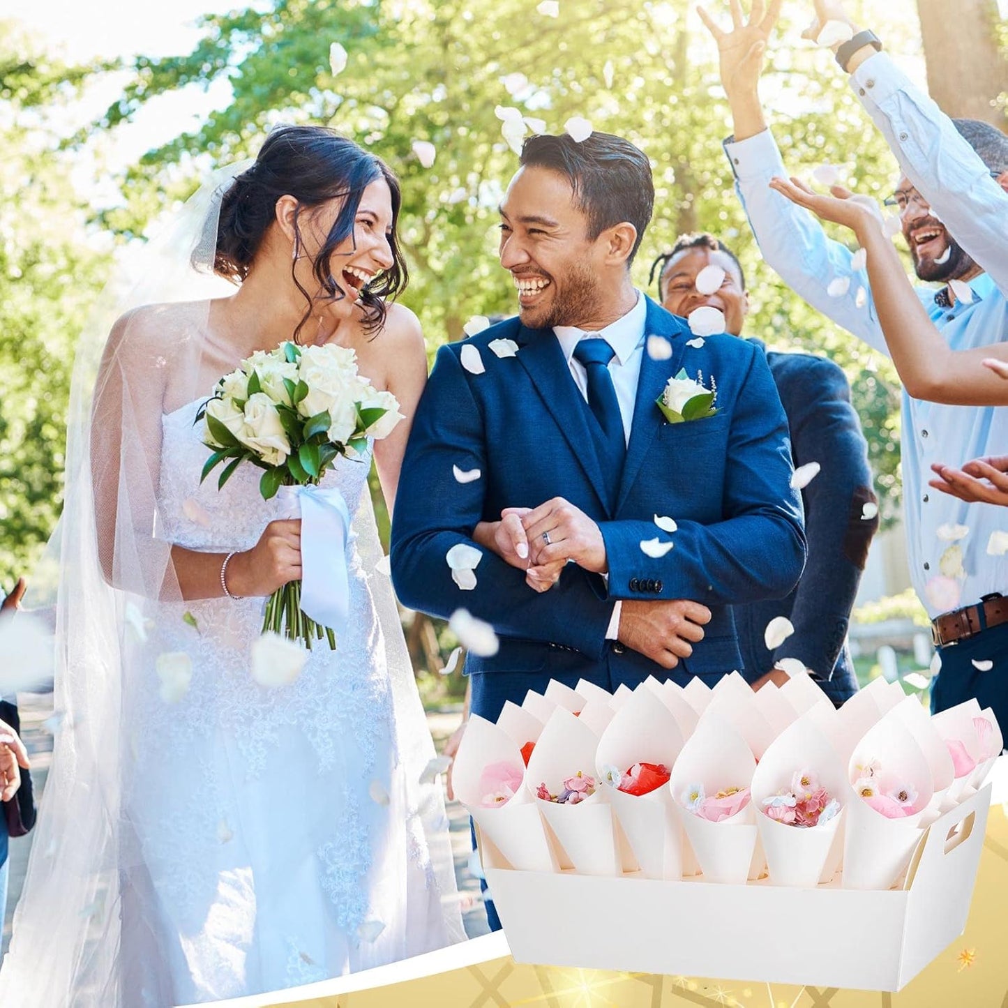 6 Set Wedding Confetti Cone Holder Box Each Includes 30 Pieces of Cone Papers and 30 Holes for 30 Confetti Cones Box Party Confetti Cone Kraft Stand Tray Box for Wedding Party Candy Flower(White)