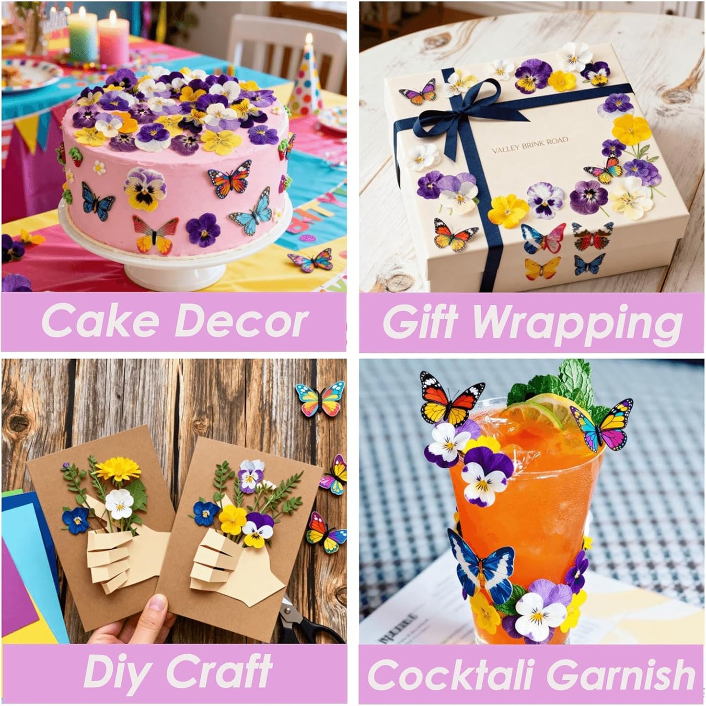 80 Pcs 8 Kinds Natural Real Dried Pressed Edible Flowers & Edible Butterflies for Cake Topper Decorating - Mix Viola Tricolor for Cupcake Toppers, Cocktails, Resin Jewelry Making, DIY Art Crafts