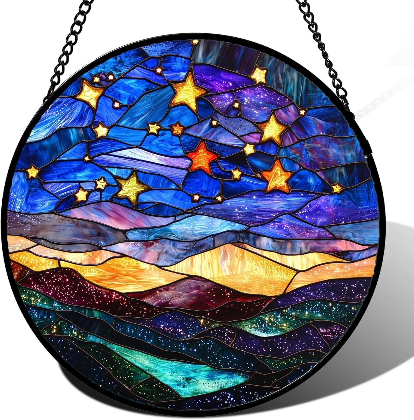 Stained Glass Window Hanging, Blue Sky Gold Stars Abstract Landscape Suncatcher for Doors Window Home Sun Catchers Decor Mother's Day Birthday Gifts for Women, Men Mom 9.8 in