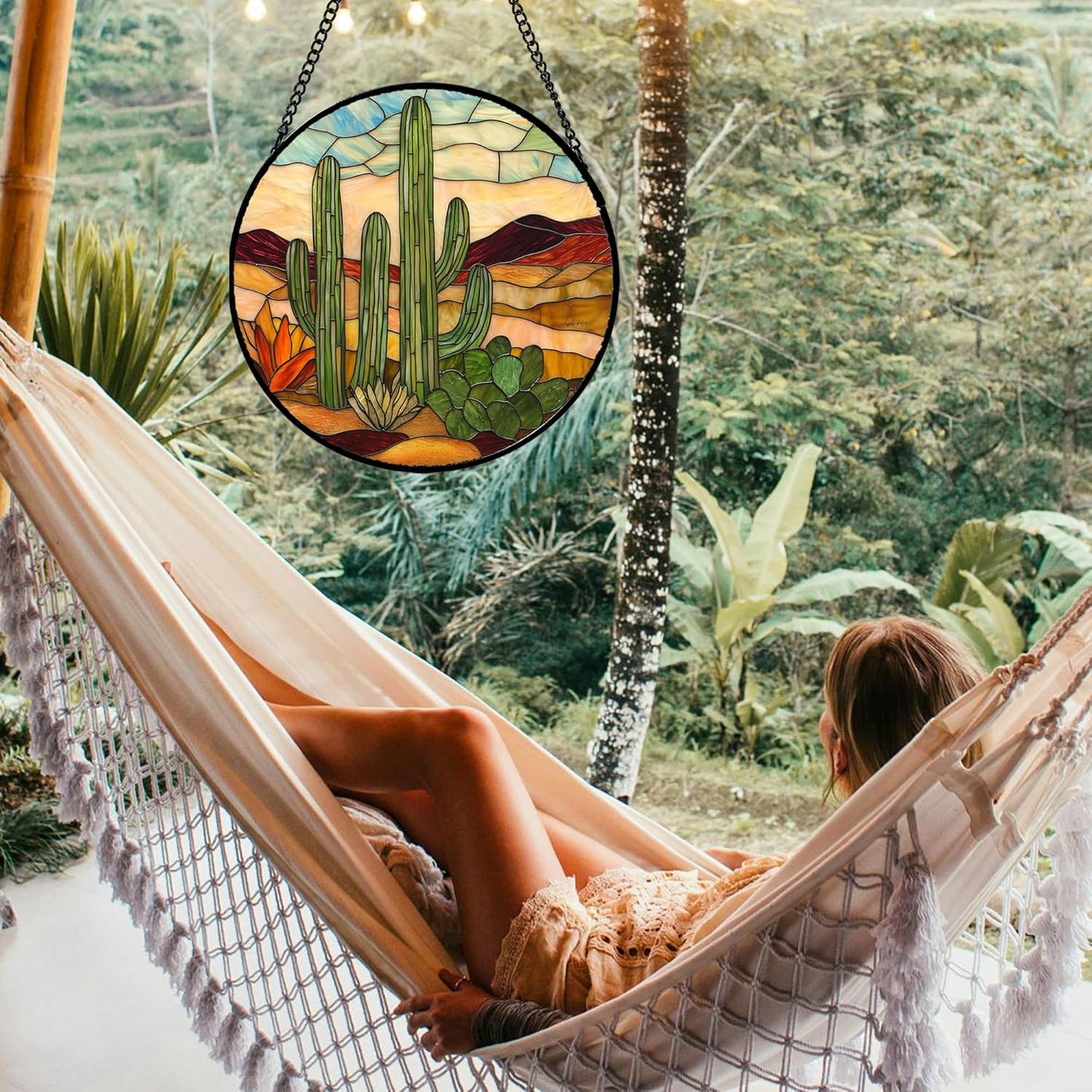 Stained Glass Window Hanging, Green Cactus Sun Catcher for Door Terrace Garden Home Decor, Abstract Desert Landscape Suncatcher Birthday Gifts for Lovers Women Men Dad Mom Nana 11.8 in