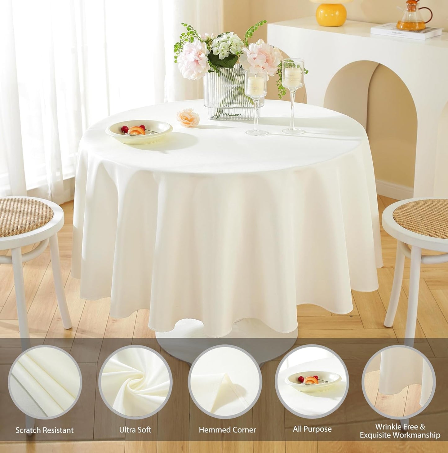 Craft And Party Round Tablecloth, 120 Inch Ivory Tablecloth, Polyester Fabric Washable Table Cloth for Home, Party, Wedding or Restaurant Use.