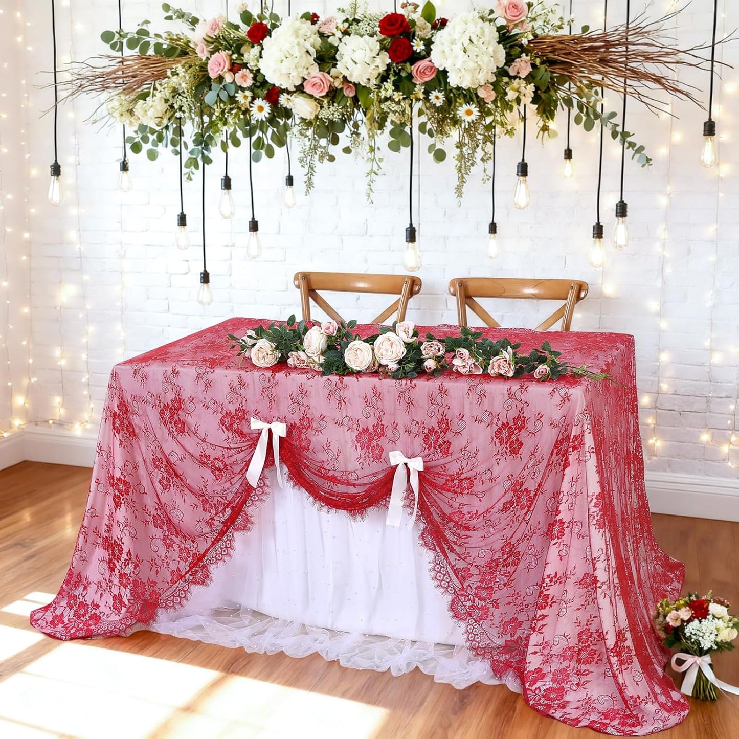 LuoluoHouse Red Tablecloth Christmas Lace Table Fabric 2pcs 60x120 Inch for Birthday Rustic Wedding Bridal Shower Party Decoration Rectangle Overlay Vintage Embroidered Reception Table Cloth Decor