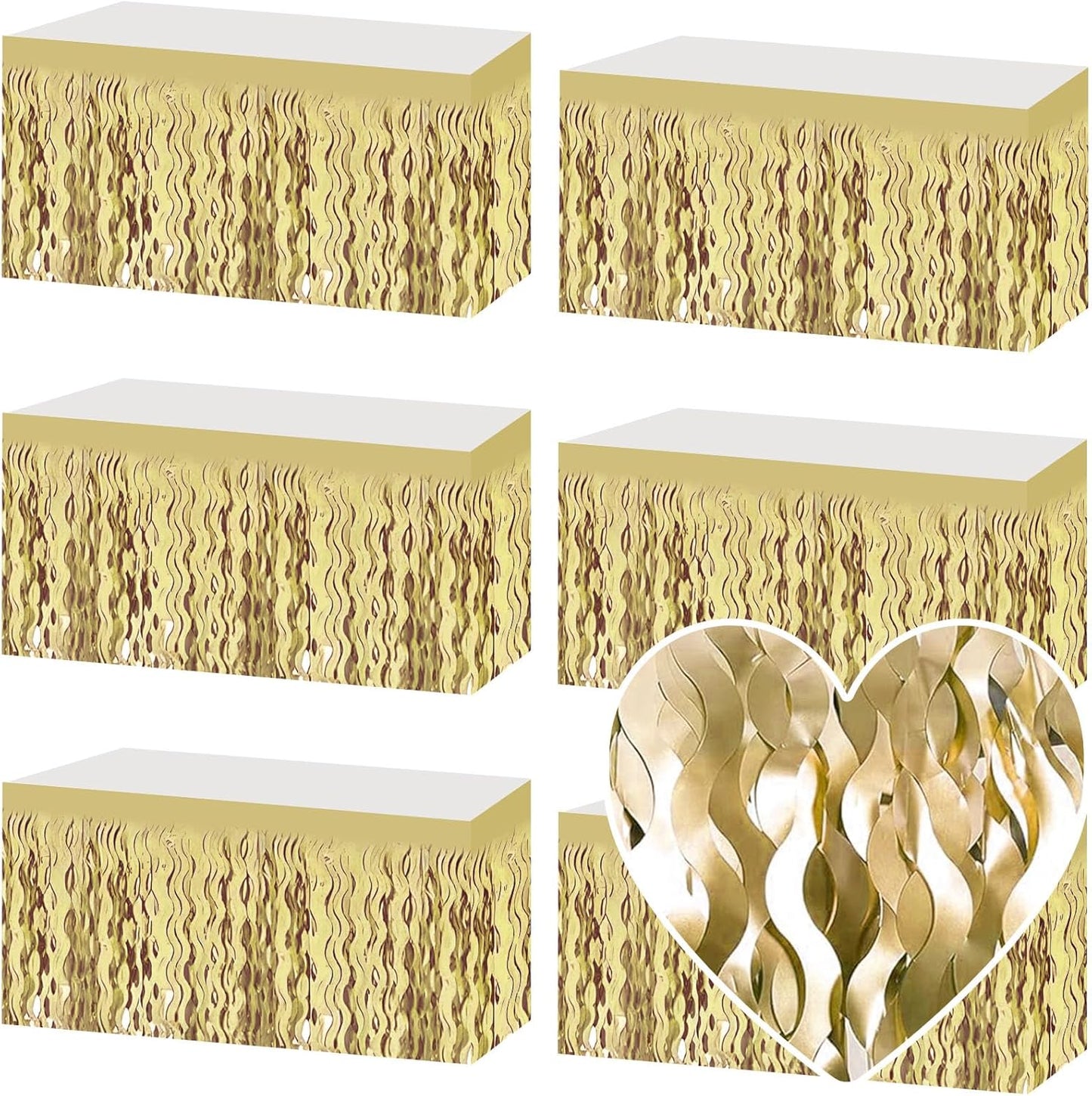 6 Pack 29x108 Inch Light Gold Wave Foil Fringe Table Skirts Metallic Banner for Tinsel Streamer Garland Backdrop for Parade Floats Wedding, Mother's Day, Birthday Mardi Gras Party Decorations