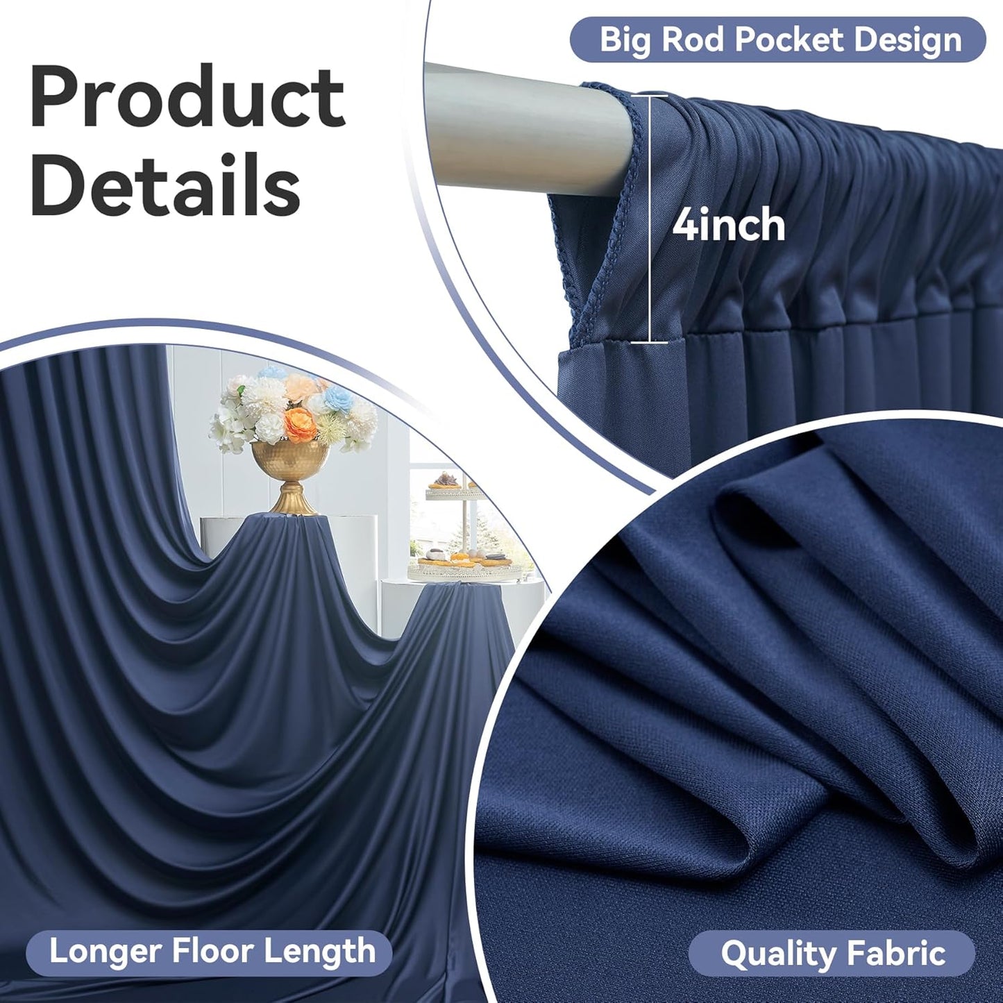 20ftx14FT Wrinkle Free Navy Blue Backdrop Curtain, 4 Panels 14FT Height Navy Blue Wedding Backdrop Drapes, Silky Polyester Back Drop Cloth for Birthday Photography Background Party Backdrop Draping